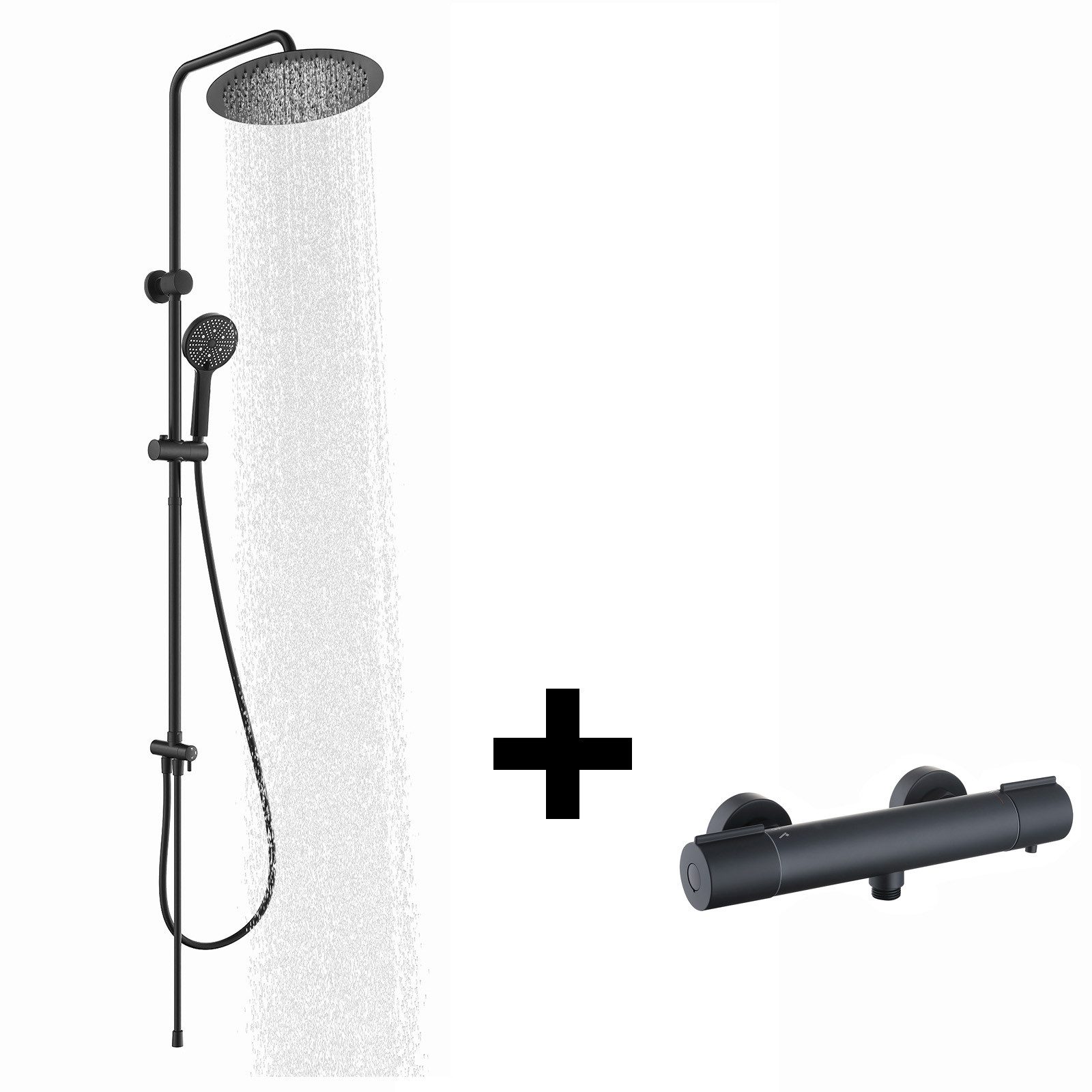 HOMELODY Duschsystem mit Regendusche 12 Zoll, SUS304 Kopfbrause, 3 Strahl Handbrause, 2 Strahlart(en), Schwarz Thermostatarmatur, 38°C Sicherheitssperre, höhenverstellbar