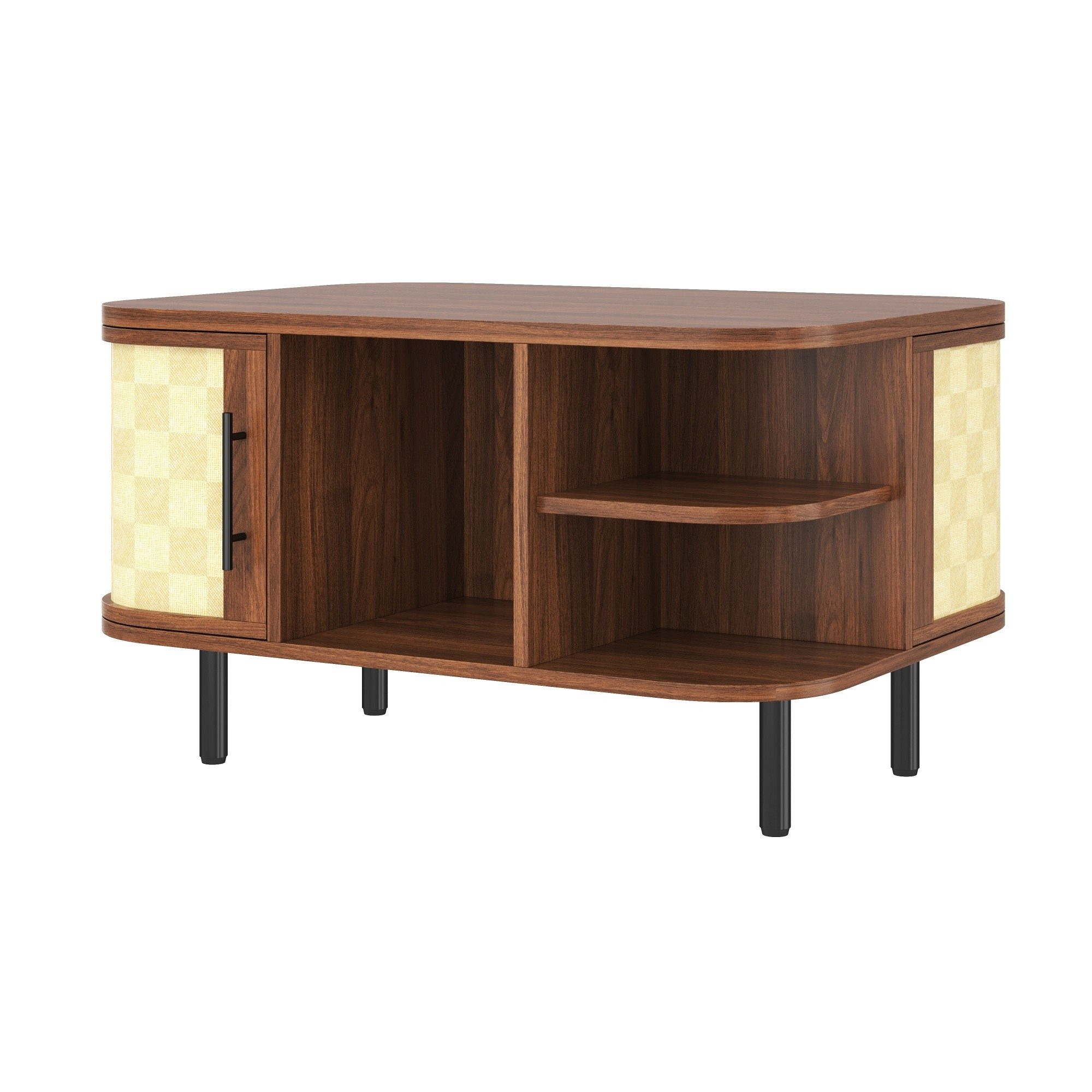 BlingBin Couchtisch Wohnzimmertisch mit offenen Fächern und Seitenschränken (Beistelltisch, 1-St., 80x60x47 cm), geschwungene Form, Geflechtoptik, MDF, Metallgriffe, Nussbaum