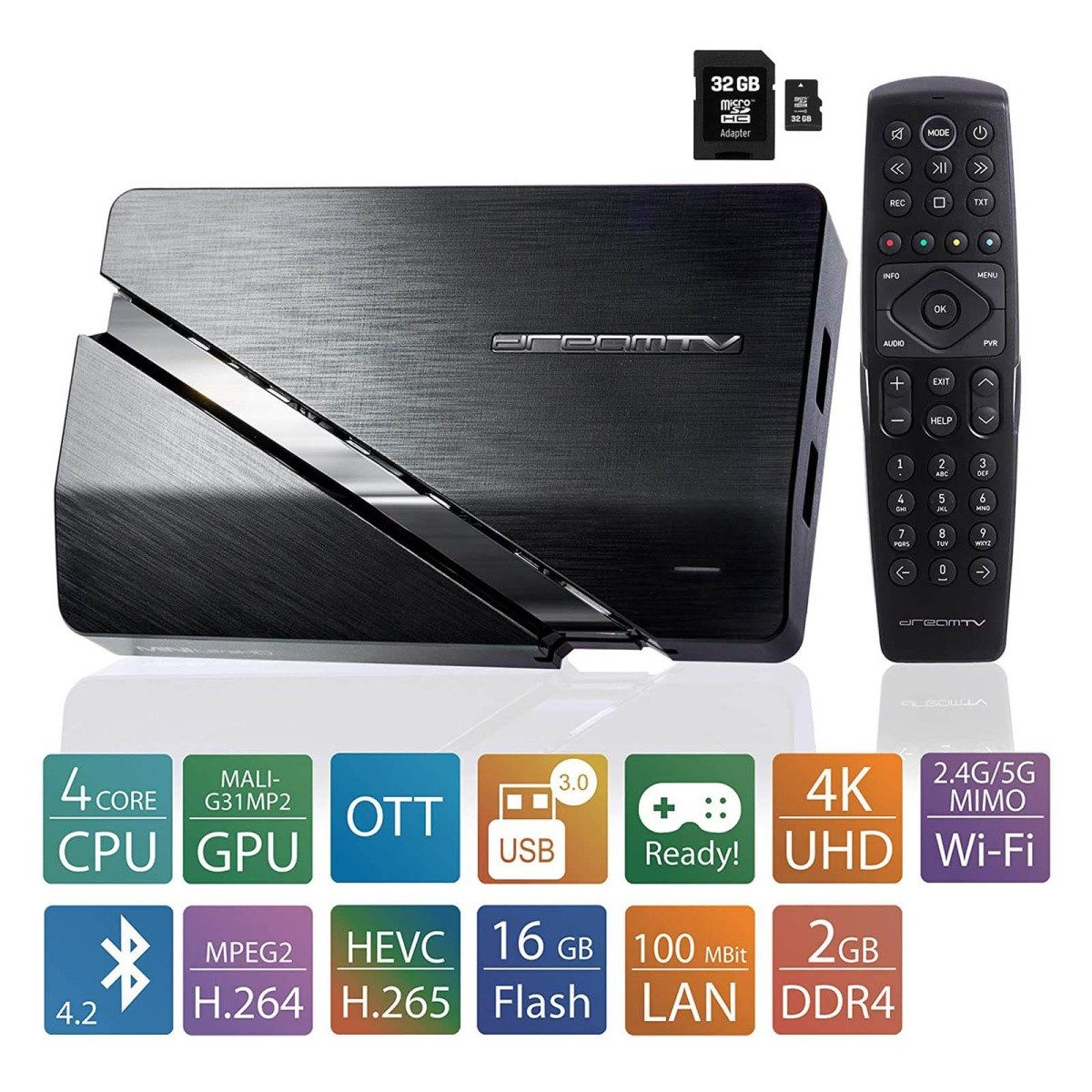 DreamTV Streaming-Box Mini UltraHD 4K mit 32GB SD-Karte Android 11 IP-