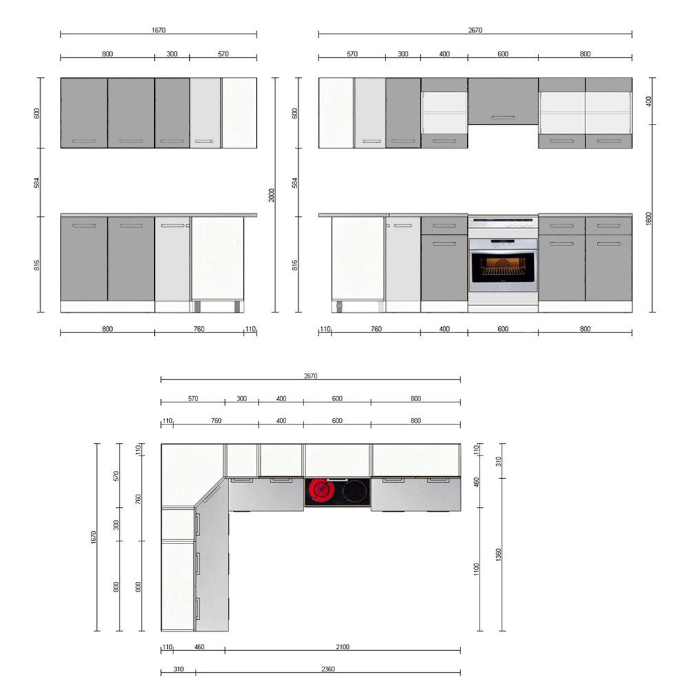 Vicco Winkelküche Rick, Weiß/Weiß Hochglanz, 267 x 167 cm, AP Marmor