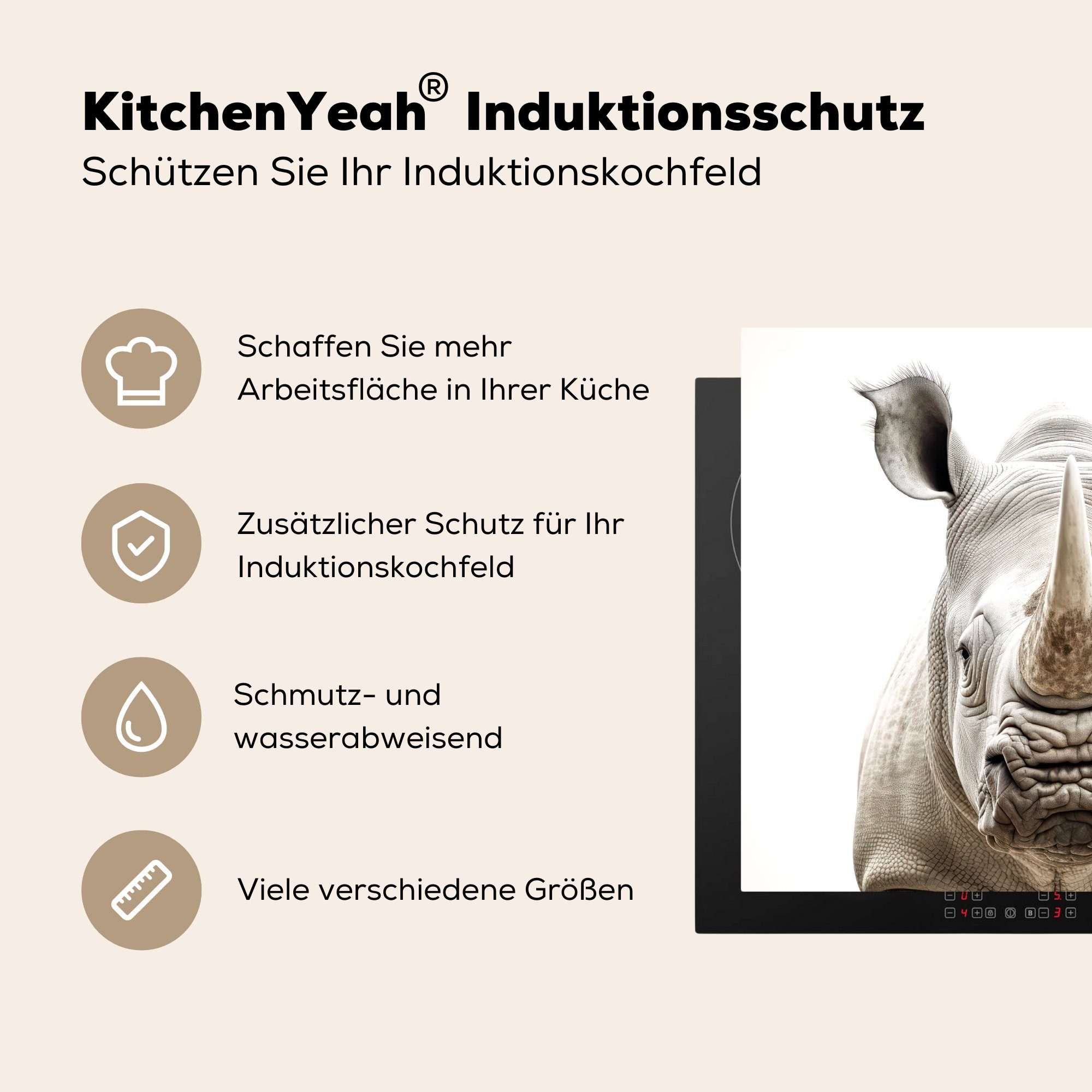 MuchoWow nutzbar, Weiß - - cm, tlg), Ceranfeldabdeckung Mobile 60x52 Vinyl, (1 Porträt, - Arbeitsfläche Rhinozeros Herdblende-/Abdeckplatte Tiere