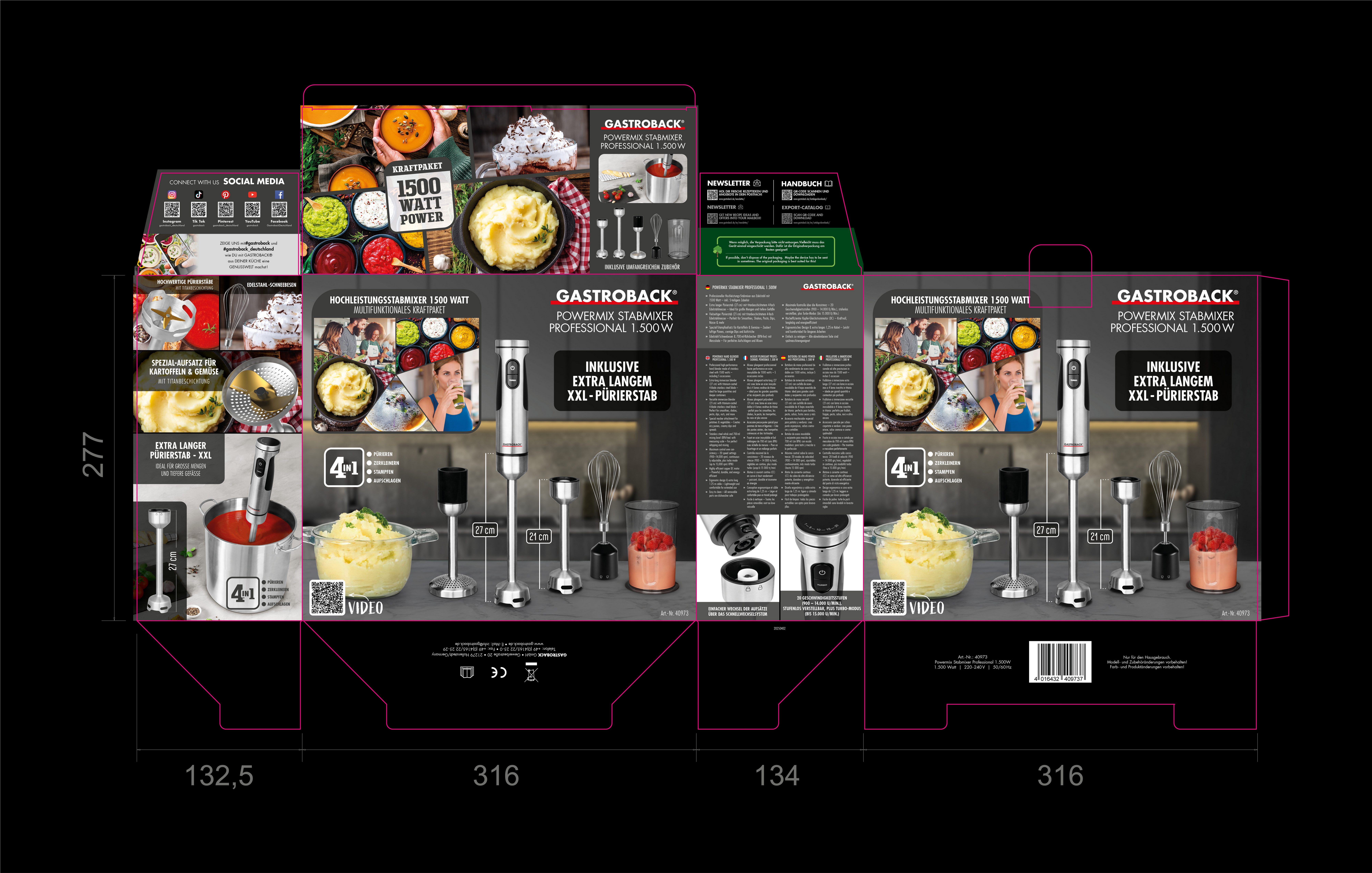 Gastroback Stabmixer Powermix Stabmixer Professional 1.500W, 1500 W, inkl. 5-teiligem Zubehör