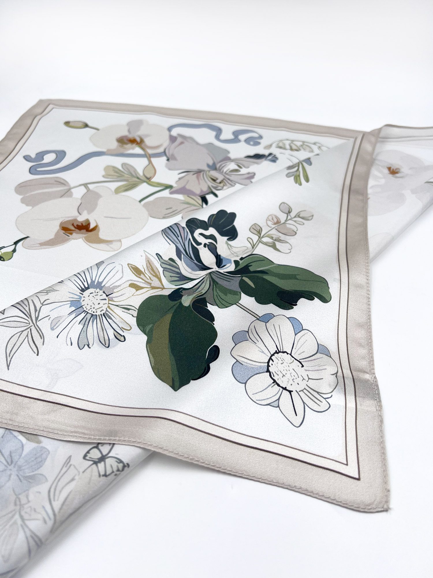 Vivi Idee Seidentuch 100% Maulbeerseide Halstuch Damen Zarte Orchideen, Quadratisches 53x53 cm Halstuch, bedrucktes Seidenschal