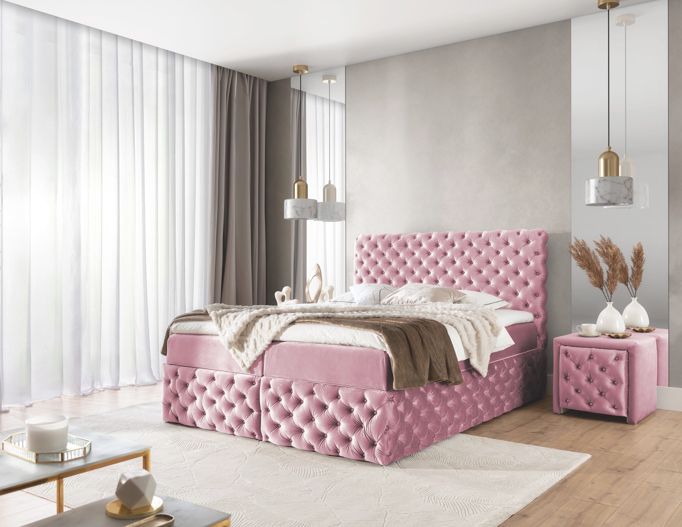 yourhouse24 Boxbett Castel im Chesterfield-Stil (mit zwei Bettkästen, Bonell-Matratze und Topper), Doppelbett, Polsterbett mit Kopfteil, Boxbett