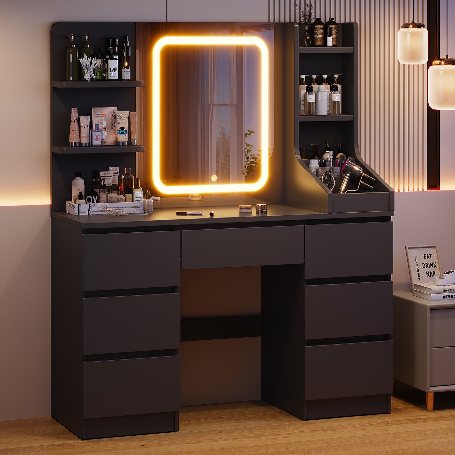 HOMALL Schminktisch Eingebaute LED-Beleuchtung, einstellbare Helligkeit, mit 7 Schubladen (Große Größe 110*40*139cm Bestes Geschenk für Ehefrau/Tochter)