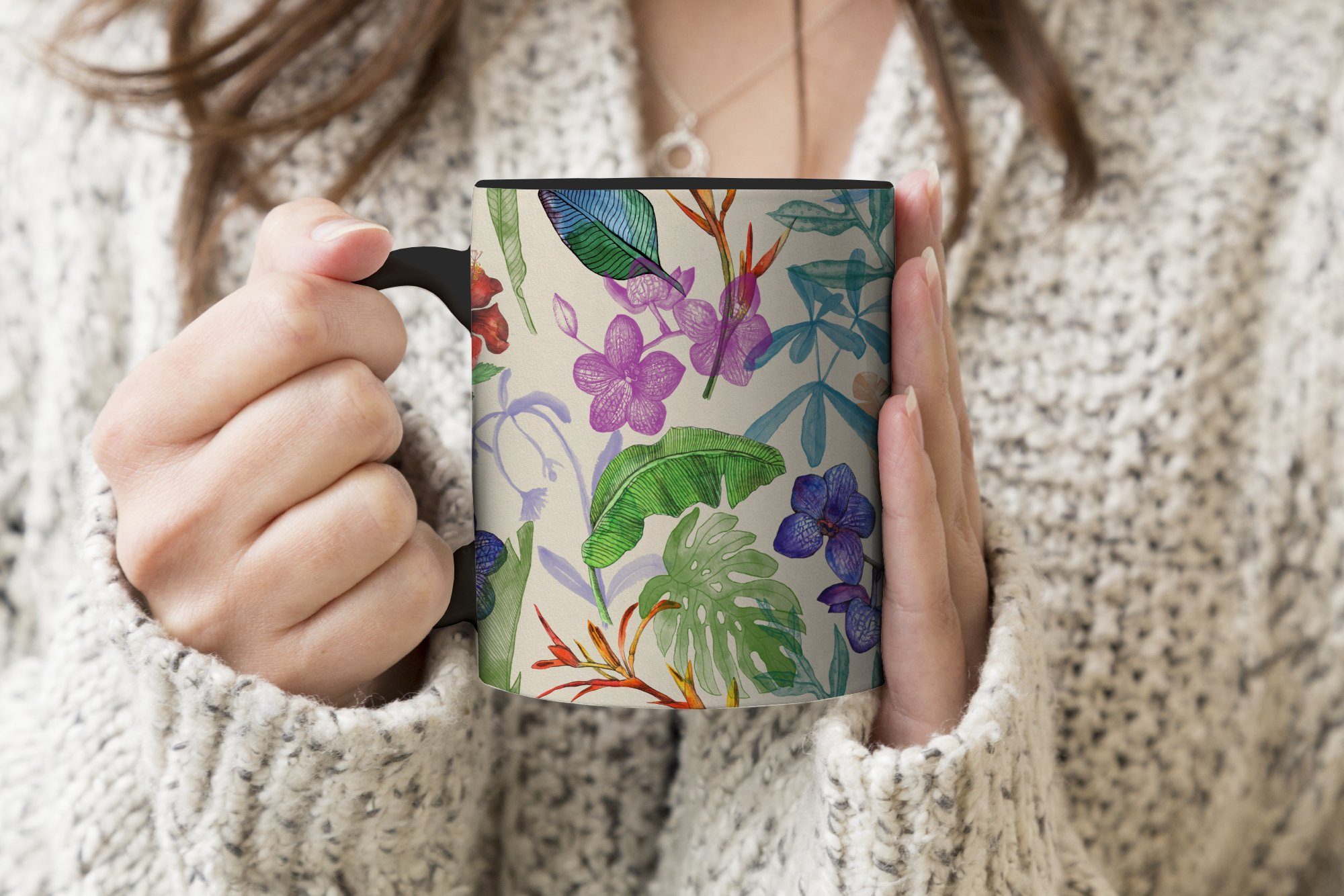 Blumen - Teetasse, MuchoWow - Farbwechsel, Tasse Kaffeetassen, Zaubertasse, Dschungel Geschenk Muster, Keramik,