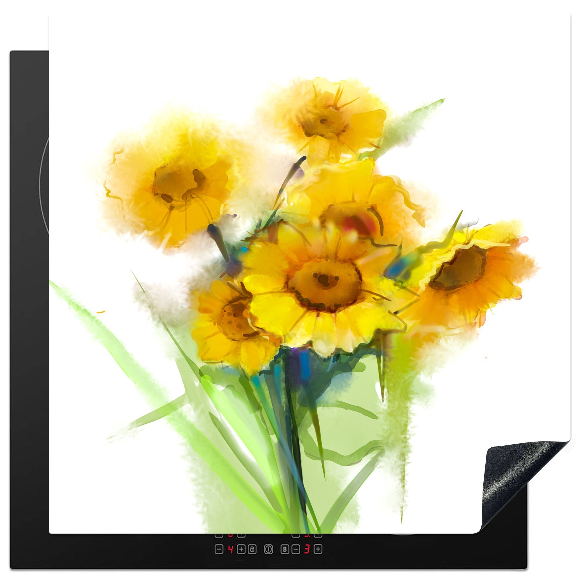 MuchoWow Herdblende-/Abdeckplatte Ölfarbe - Sonnenblumen - Farben, Vinyl, (1 tlg), 78x78 cm, Ceranfeldabdeckung, Arbeitsplatte für küche