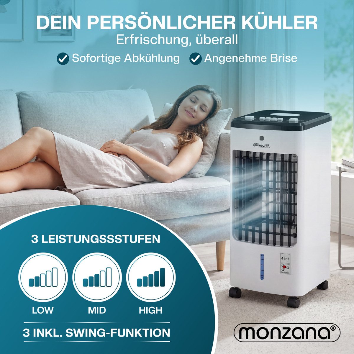 monzana Turmventilator, Luftkühler 4in1 mobil 60W 330m³/h Oszillation 3,5L inkl. 4 Kühlakkus