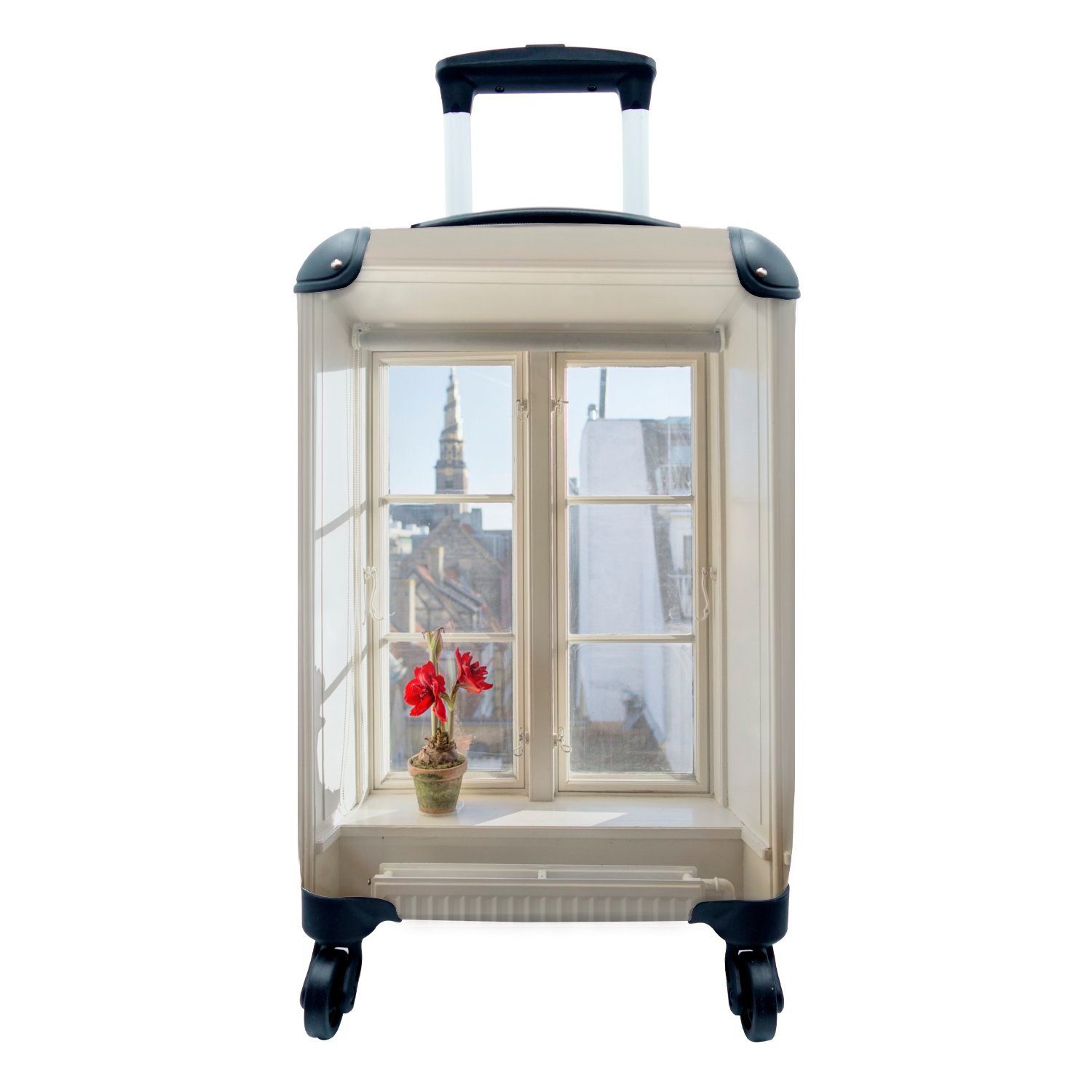 Blick einer Trolley, rollen, Amaryllis Rollen, auf 4 mit auf Ferien, Handgepäck Reisetasche mit MuchoWow Fensterbank, Handgepäckkoffer Stadt der die für Reisekoffer