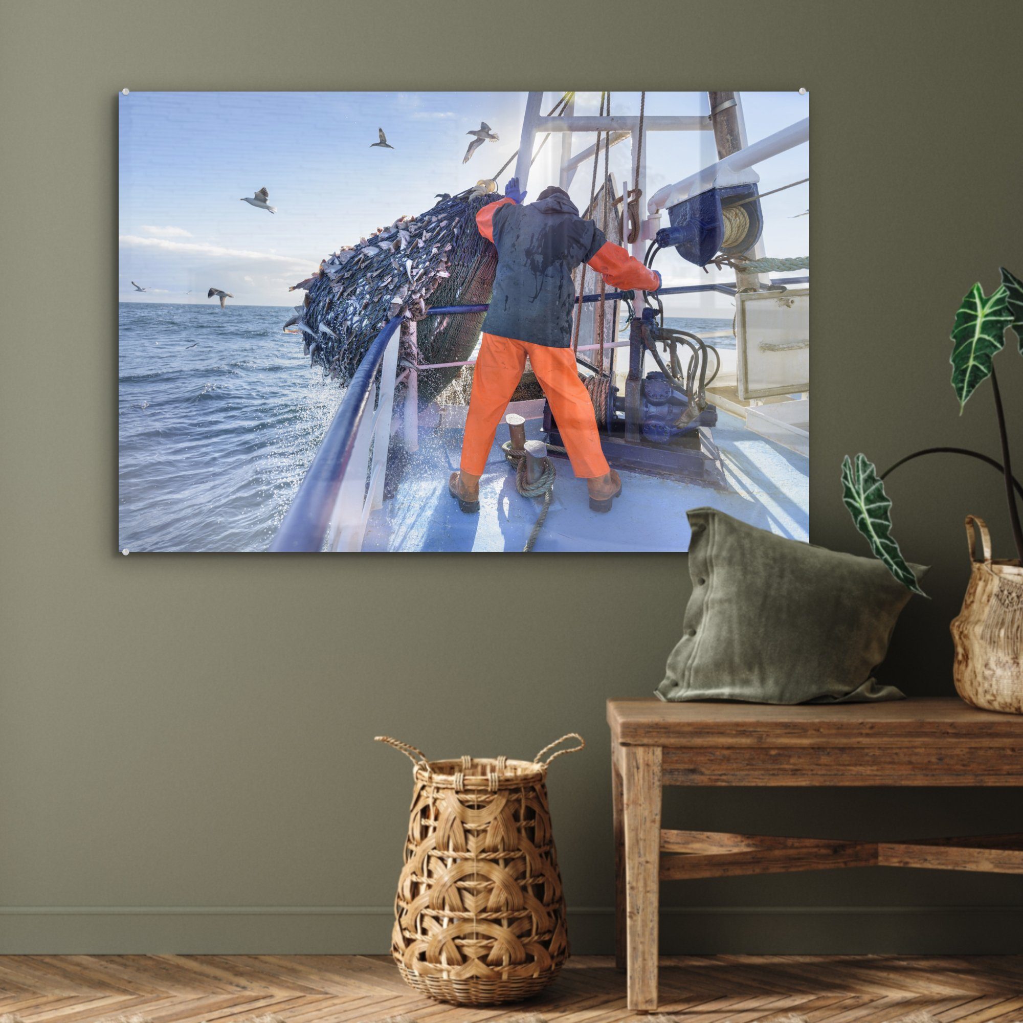 MuchoWow St), Fische Ein Fischer Acrylglasbild Schlafzimmer holt auf Netz voller Wohnzimmer Fischereifahrzeug, & einem Acrylglasbilder (1 ein