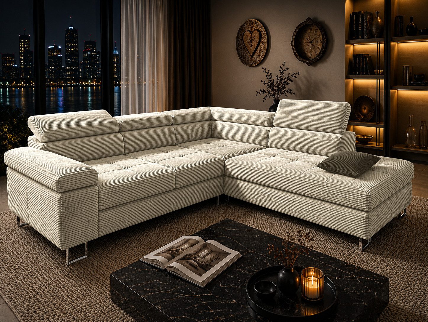 Goldstoff Ecksofa mit Schlaffunktion, Cord Couch für Wohnzimmer - Cord Ecksofa, Cord Sofa VOYAGE 2 Teile, Großer Bettkasten