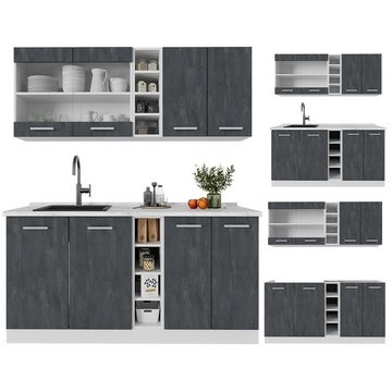Livinity® Küchenzeile R-Line, Schwarz Beton/Weiß, 160 cm AP Anthrazit