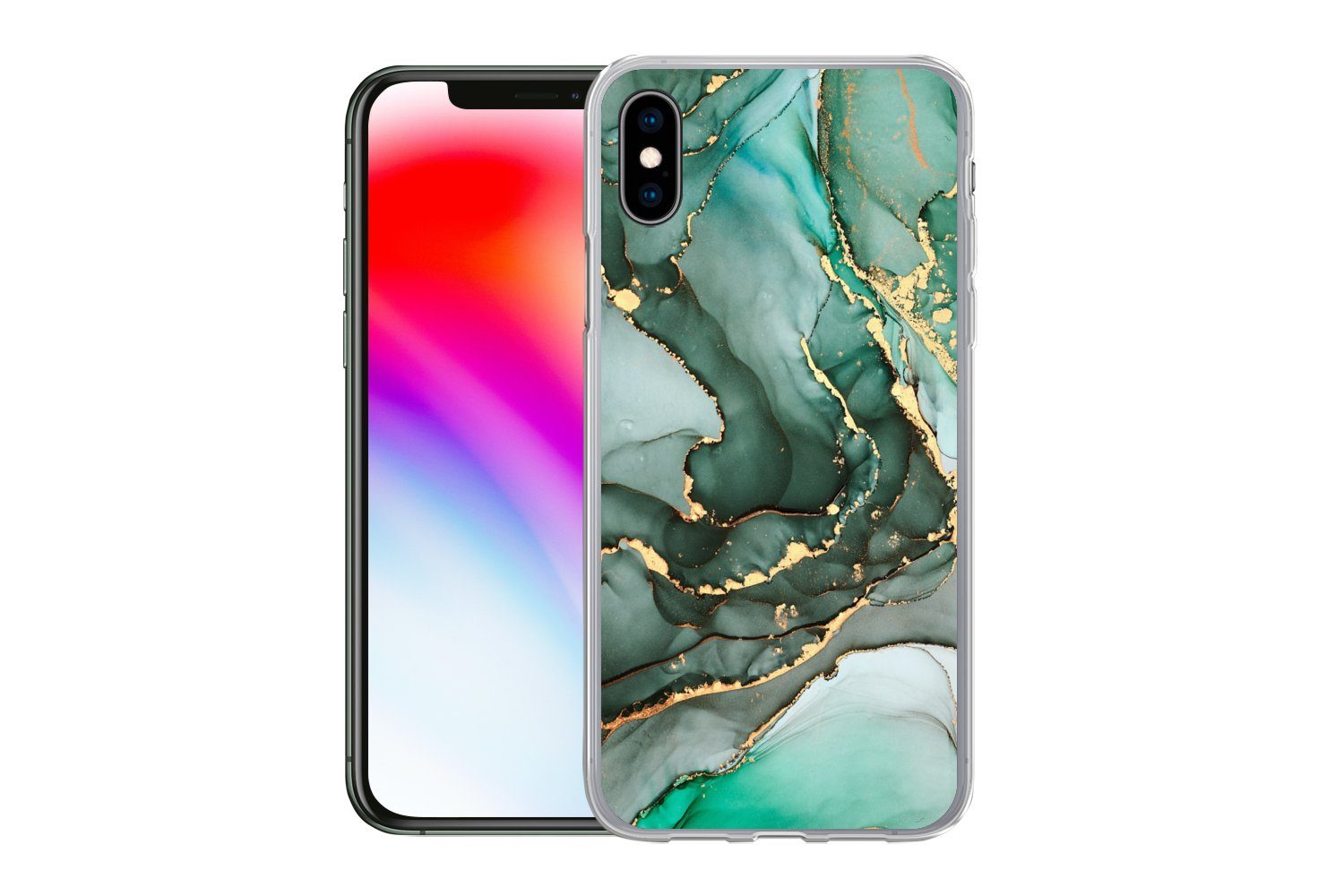 MuchoWow Handyhülle für Apple iPhone XS Gold - Marmor - Grün - Luxus - Marmoroptik - Grau, Smartphone-Bumper, Print, Handy Schutzhülle Dünn