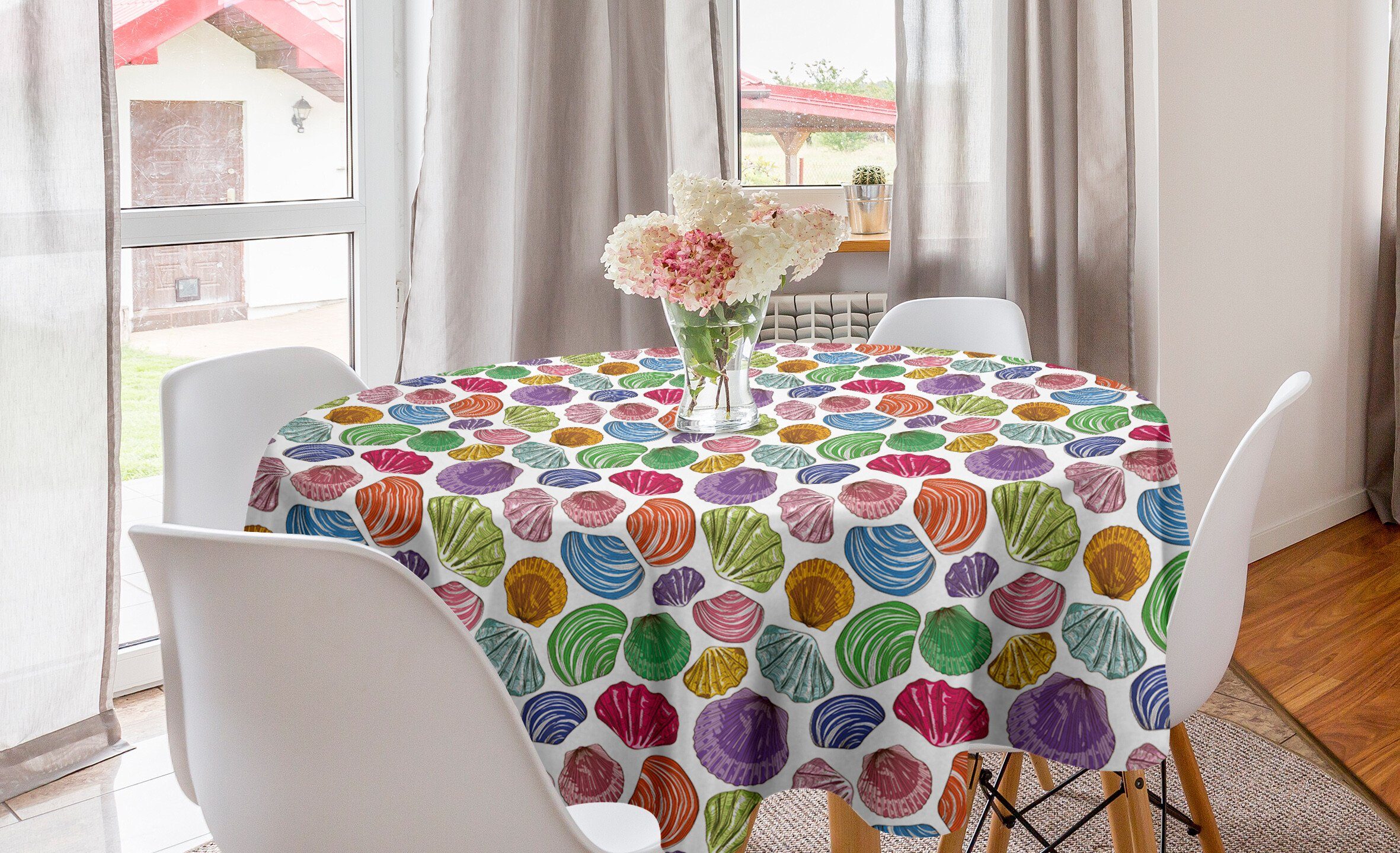 Abakuhaus Tischdecke Kreis Tischdecke Abdeckung für Esszimmer Küche Dekoration, Sea Shells Bunte Aqua-Motiv