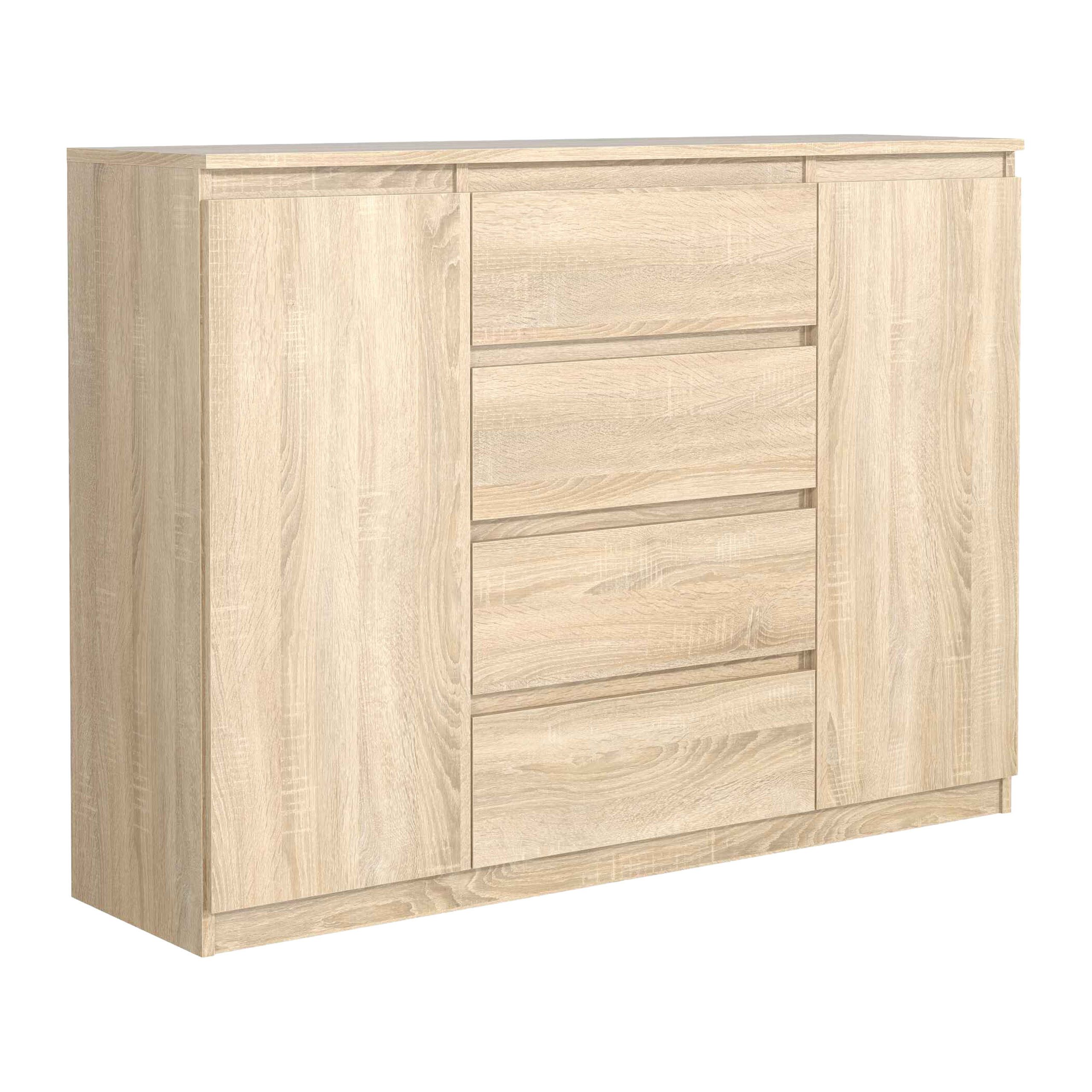 Masseno Kommode NUDO 120 cm Sideboard mit 4 Schubladen und 2 Türen Eiche Sonoma