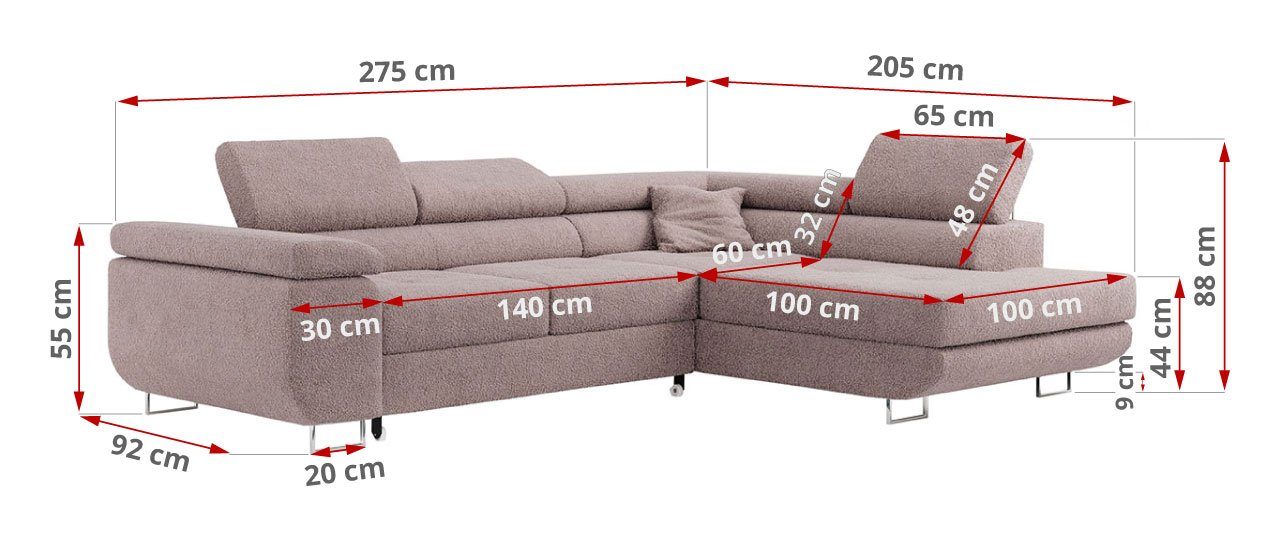 Hellrosa GUSTAW-L, Ecksofa MKS Wohnlandschaft mit L-Form, Abriamo und Schlaffunktion MÖBEL Bettkasten,