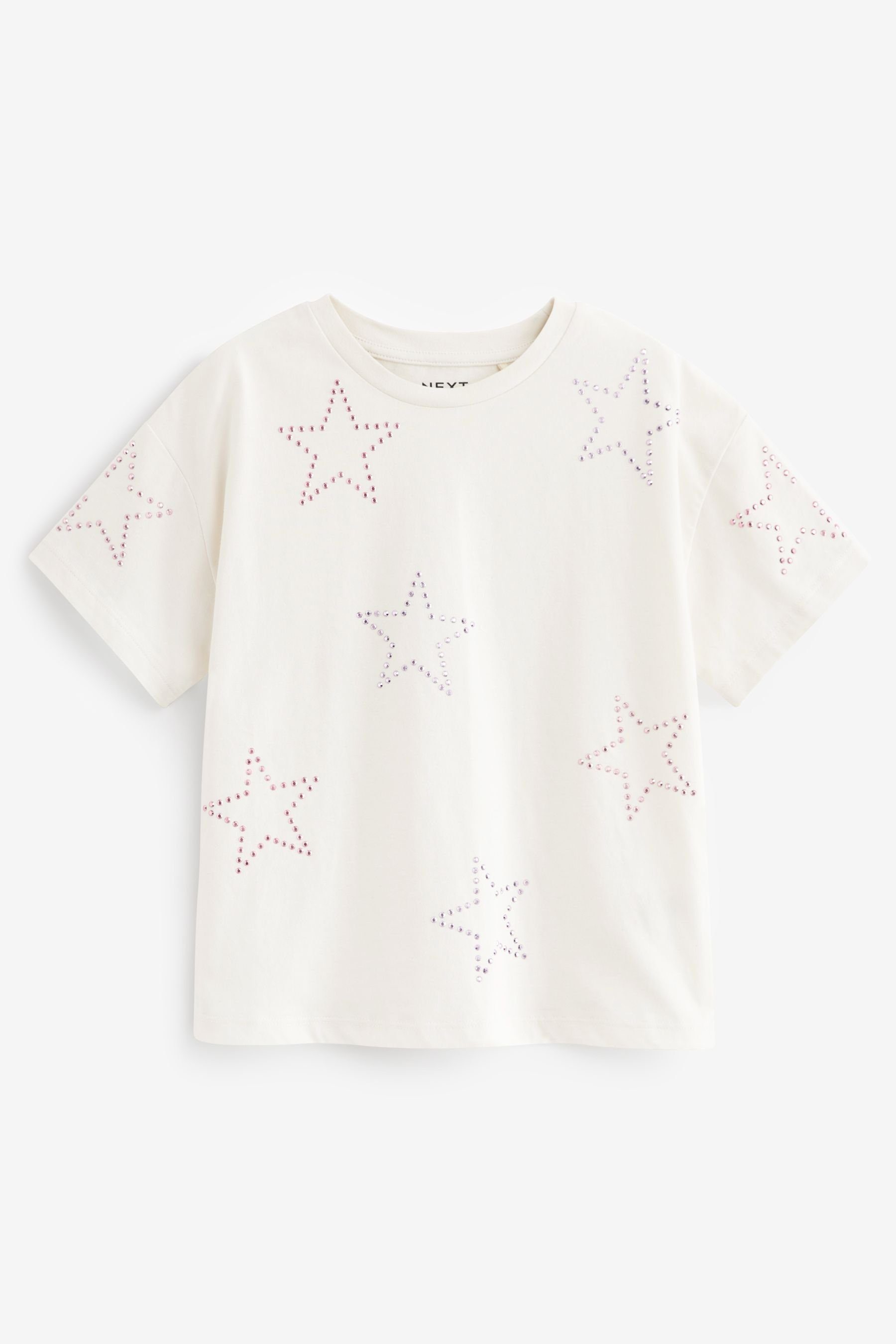 in White T-Shirt Next (1-tlg) T-Shirt mit Ecru Pailletten „Star“-Schriftzug