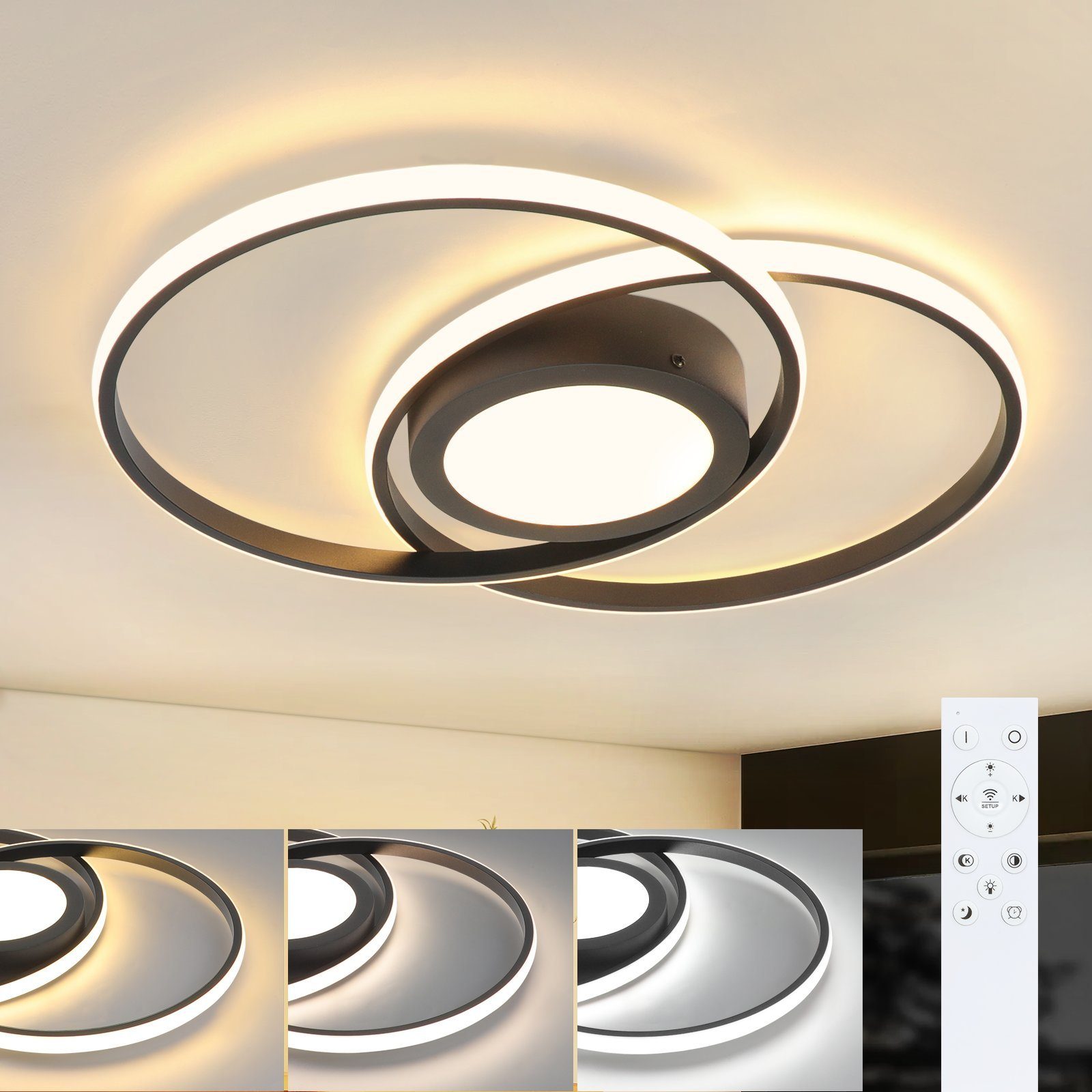 Nettlife LED Deckenleuchte Wohnzimmer Schwarz/Weiß Metall Dimmbar mit Fernbedienung, warmes Licht/natürliches Licht/kaltes Licht, 48 W