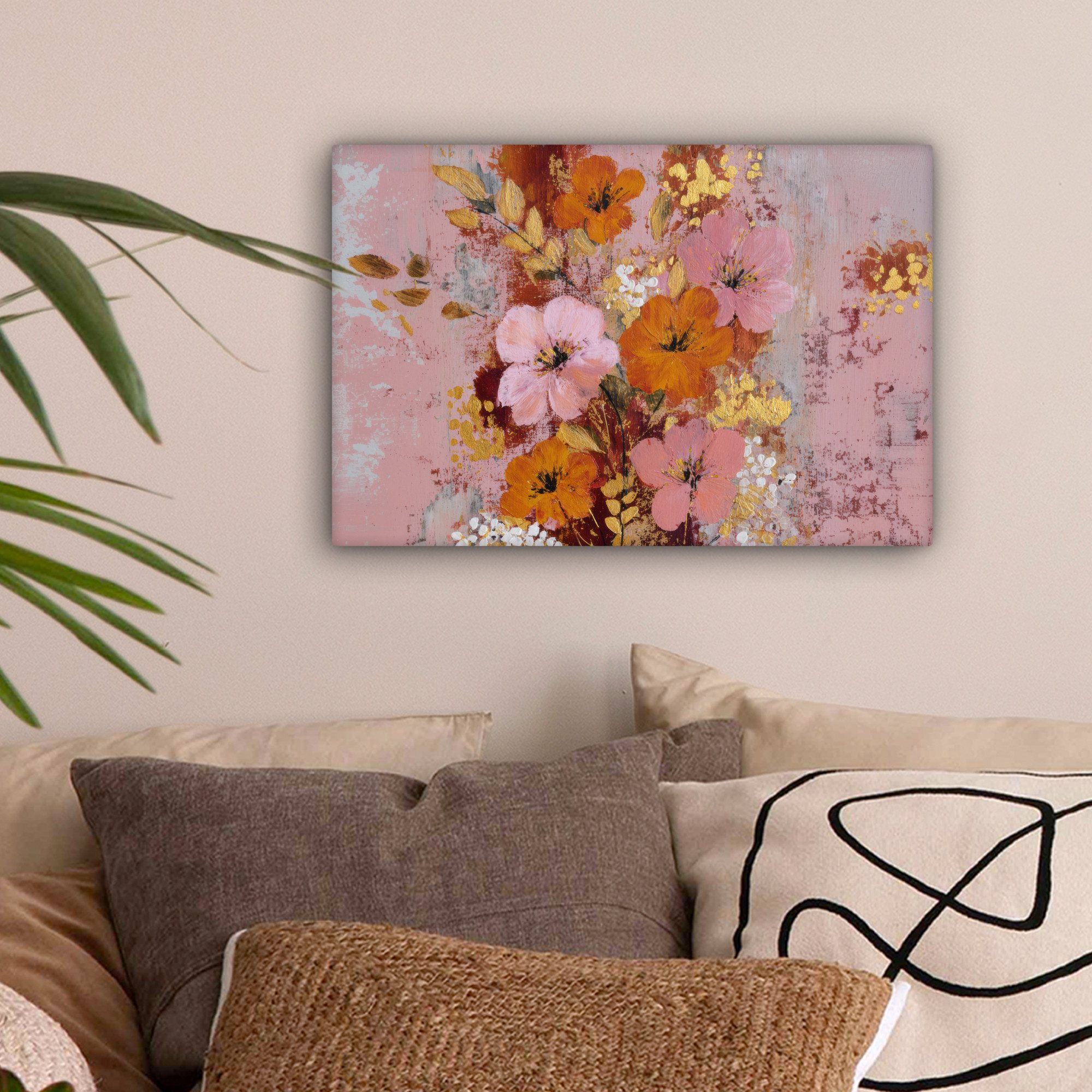 OneMillionCanvasses® Leinwandbild Malerei - Blumen - Rustikal - Rosa, Fotodruck (1 St), Leinwand Bilder Klein, Wand Dekoration Aesthetic 30x20 cm