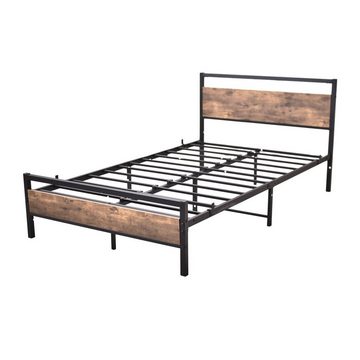 HAUSS SPLOE Metallbett Modern Metallbett Bettgestelle Einzelbett Gästebett Bettrahmen (mit braunem Vintage-Kopfteil aus Holz, einfach zu installieren), für Erwachsene und Kinder, 120*200cm, Schwarz