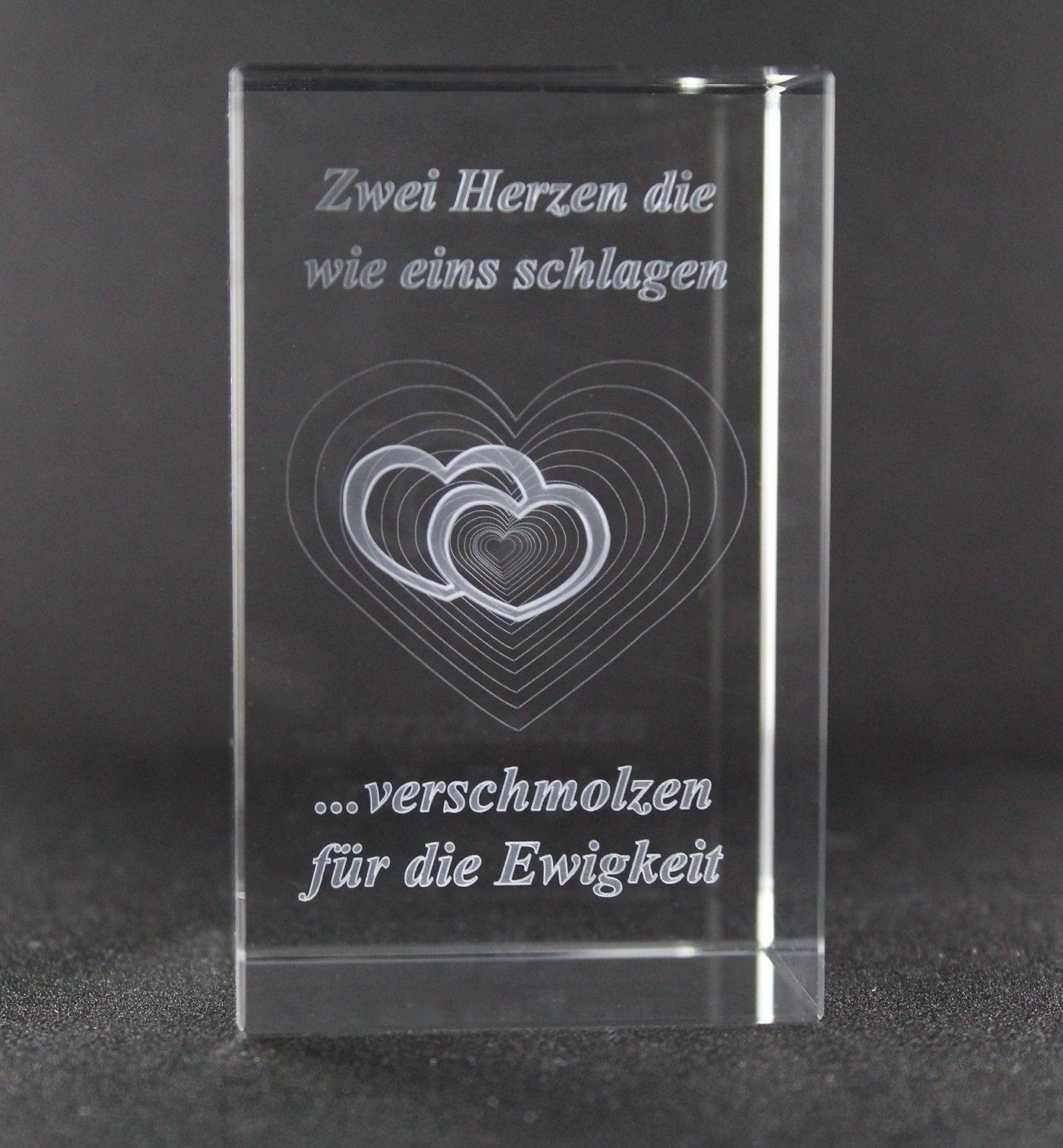 VIP-LASER Dekofigur 3D Glasquader I Text: Zwei Herzen die wie eins schlagen... verschmolze, Hochwertige Geschenkbox, Made in Germany, Familienbetrieb