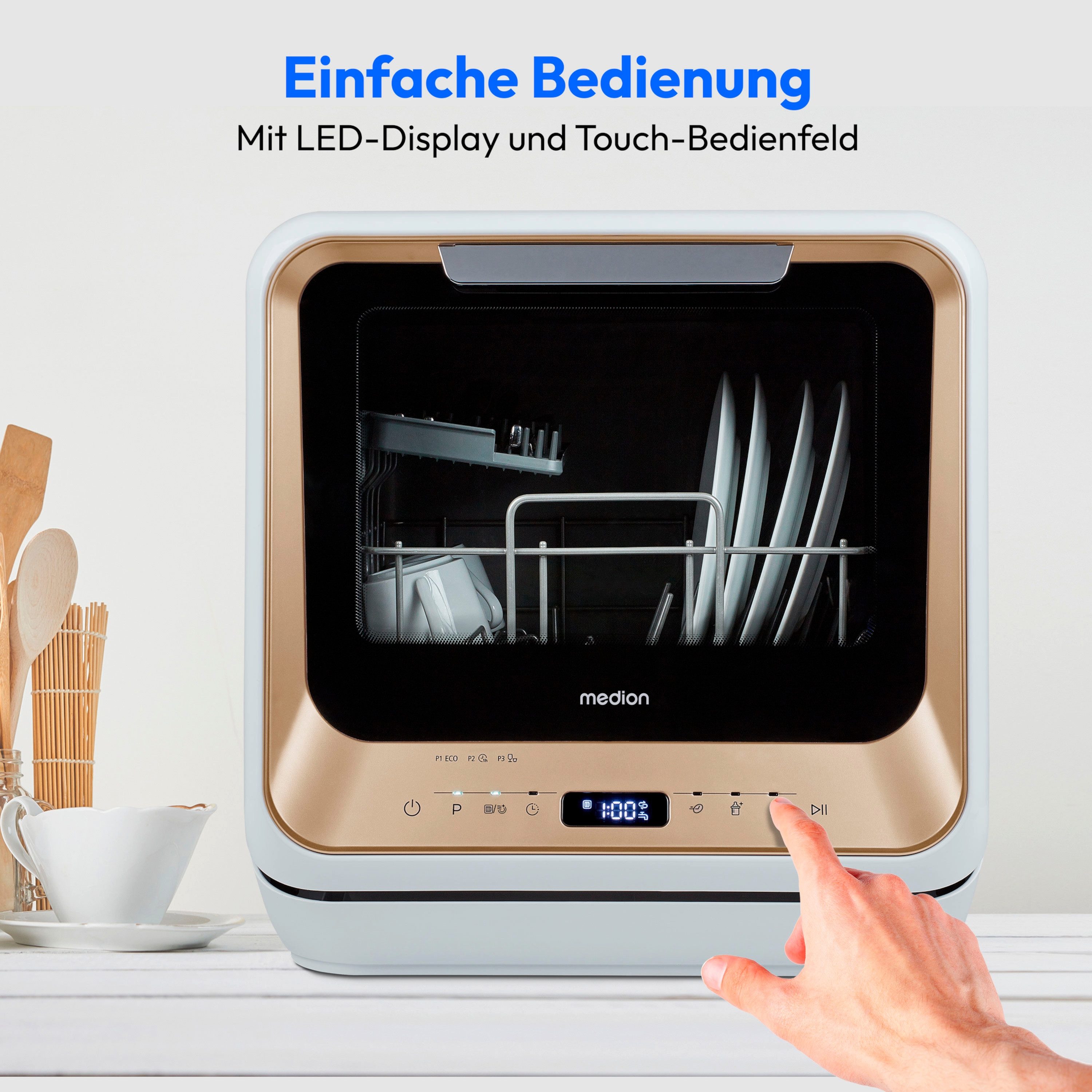 Medion® Tischgeschirrspüler MD37763, 2 Maßgedecke, mit/ohne Wasseranschluss, 6 Reinigungsprogramme, freistehend, gold