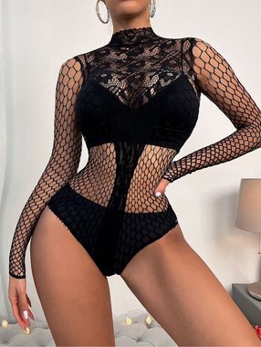 Elegant Love Langarmbody Sexy Netz-Body für Damen, Fischnetz Dessous mit Stehkragen transparente erotische Unterwäsche