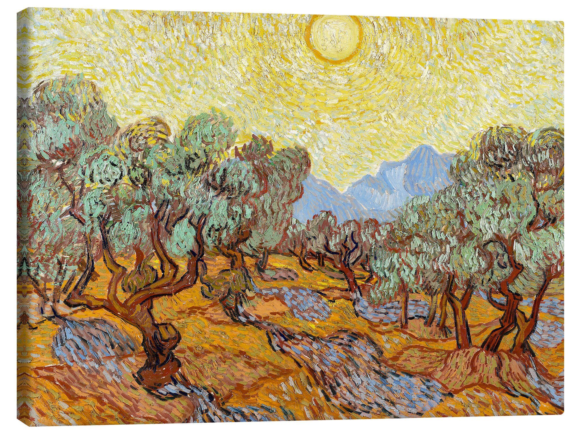 Posterlounge Leinwandbild Vincent van Gogh, Olivenbäume mit gelbem Himmel und Sonne, Wohnzimmer Mediterran Malerei
