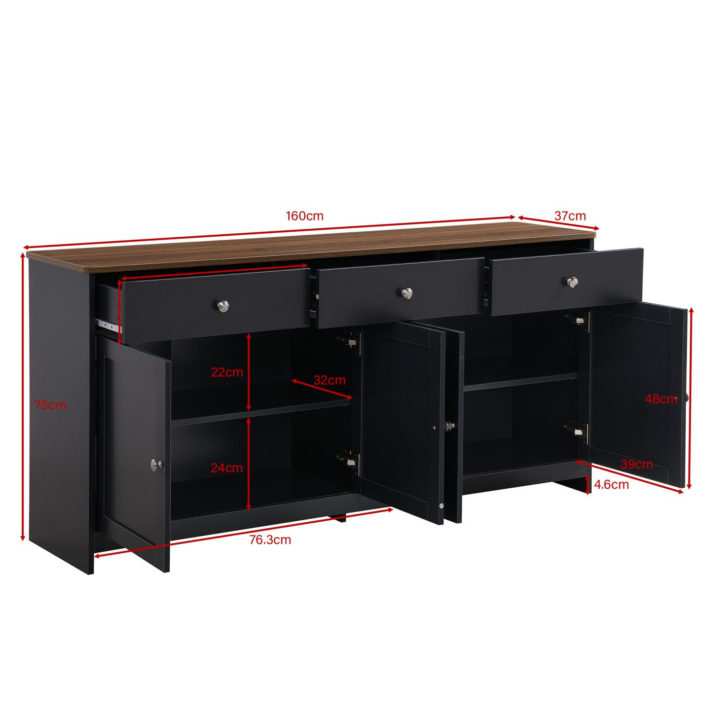 IDEASY Sideboard Buffetschrank Landhausstil, 4 Türen, 3 Schubladen, 160cm Länge (silberne Griffe; Einfache Montage für 2 Personen, 30-60min), Verstellbare Regalböden, viel Stauraum; MDF & Spanplatte