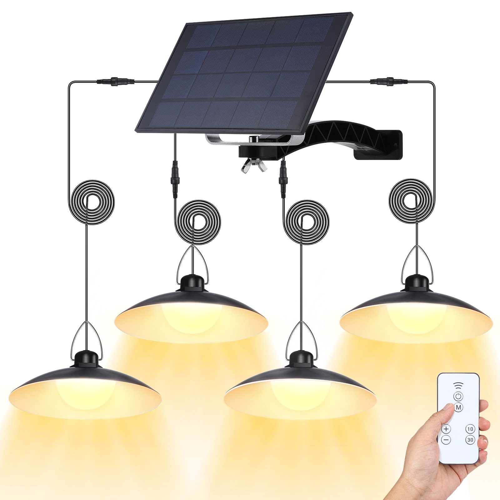 MUPOO Pendelleuchte Solar Hängelampen für Außen,Solar Pendelleuchte mit Fernbedienung, 4 Kopf Solar Pendelleuchte mit Fernbedienung, IP65 Wasserdicht Solar Hängeleuchte Outdoor Dimmbar Timer