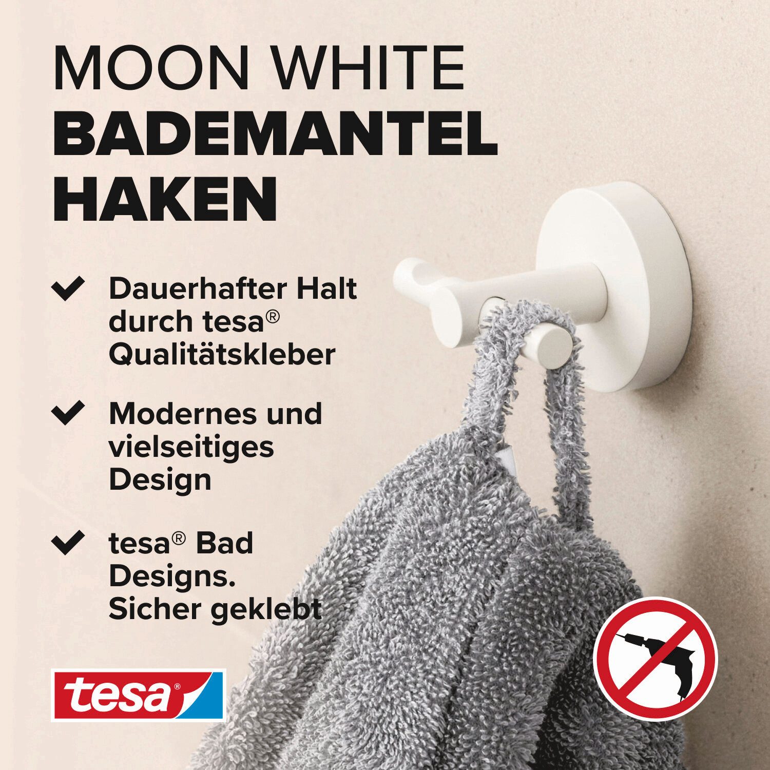 tesa Handtuchhaken MOON Bademantelhaken ohne Bohren - 5 cm : 6,5 cm : 5,3 cm, Badezimmer, Gäste-WC, Wandmontage, (Packung, 1-St., inkl. Klebelösung), selbstklebende Handtuchhalterung - weiß