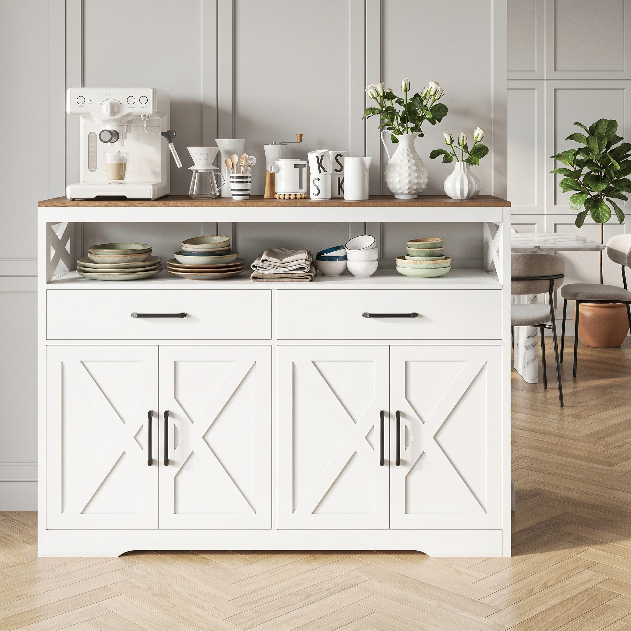 FUROKOY Sideboard Holz Küchenschrank Kommode Aufbewahrungsschrank, Weiß Buffetschrank 2 Schubladen 4 Türen 140x40x105cm