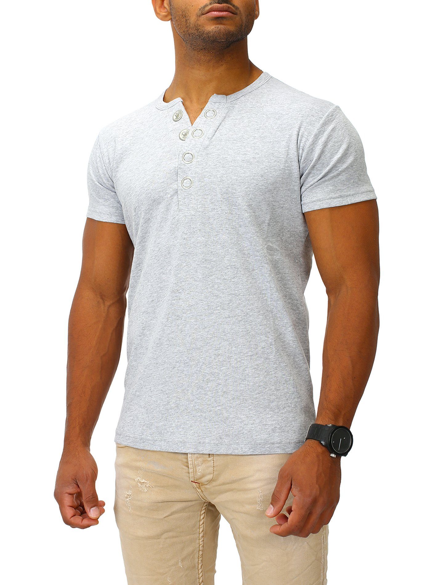 Joe Franks T-Shirt Big Slim grey Fit melange Button stylischem in