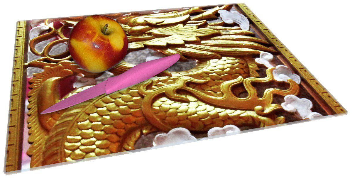 Wallario Holzarbeit rot und (inkl. 4mm, gold, Traditionelle in chinesische 30x40cm ESG-Sicherheitsglas, Gummifüße Schneidebrett rutschfester 1-St), Drachen mit