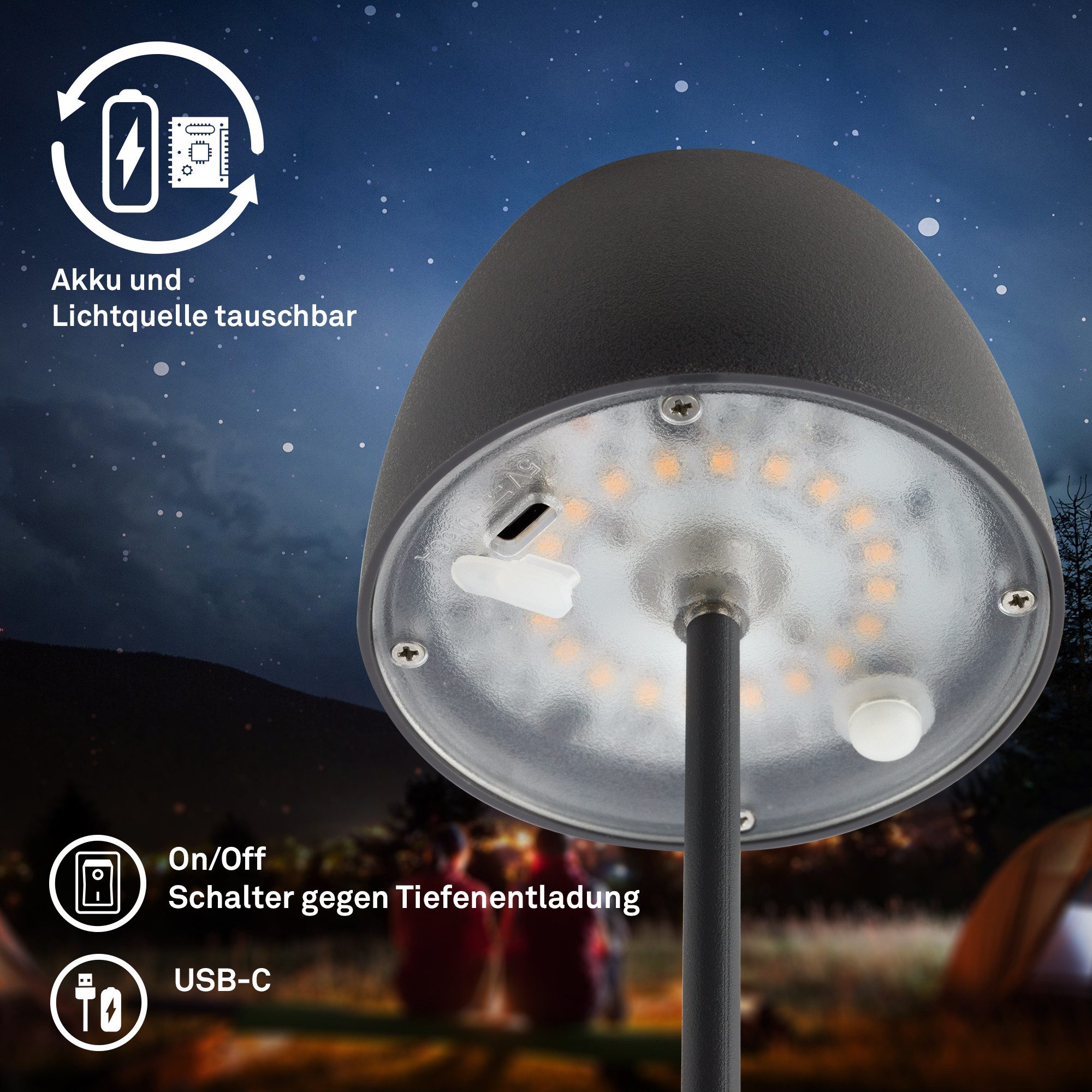 Briloner Leuchten Tischleuchte Akku Tischlampe dimmbar kabellos Außen/Innen, Ladestation, LED fest integriert, 2700K - Extra - Warmweiß, Tischlampe kabellos 20,5x8 cm Anthrazit 1,5W Wohnzimmer Schlafzimmer