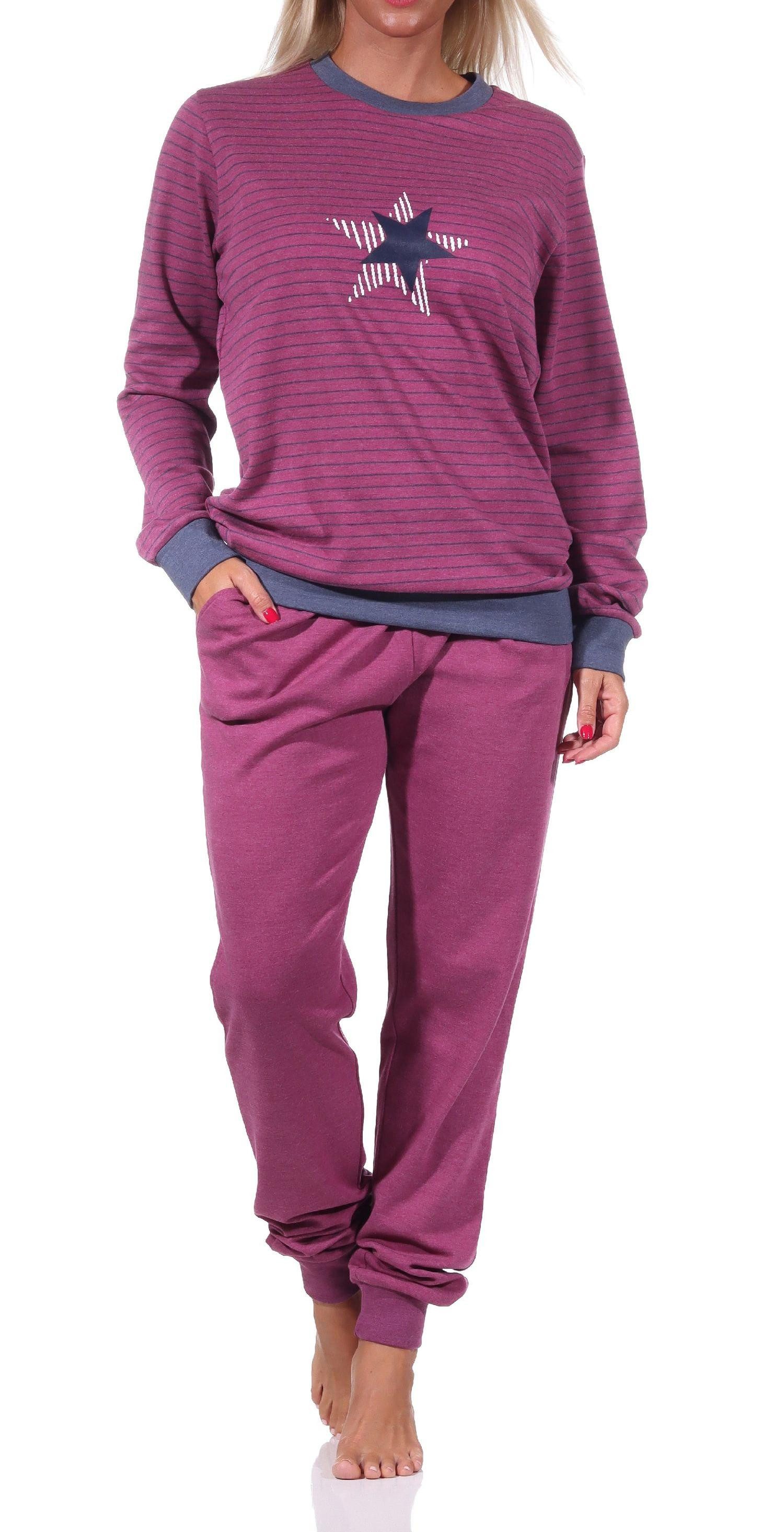 Pyjama Kuscheliger Damen Pyjama mit Bündchen, Streifenoptik + Sternenmotiv