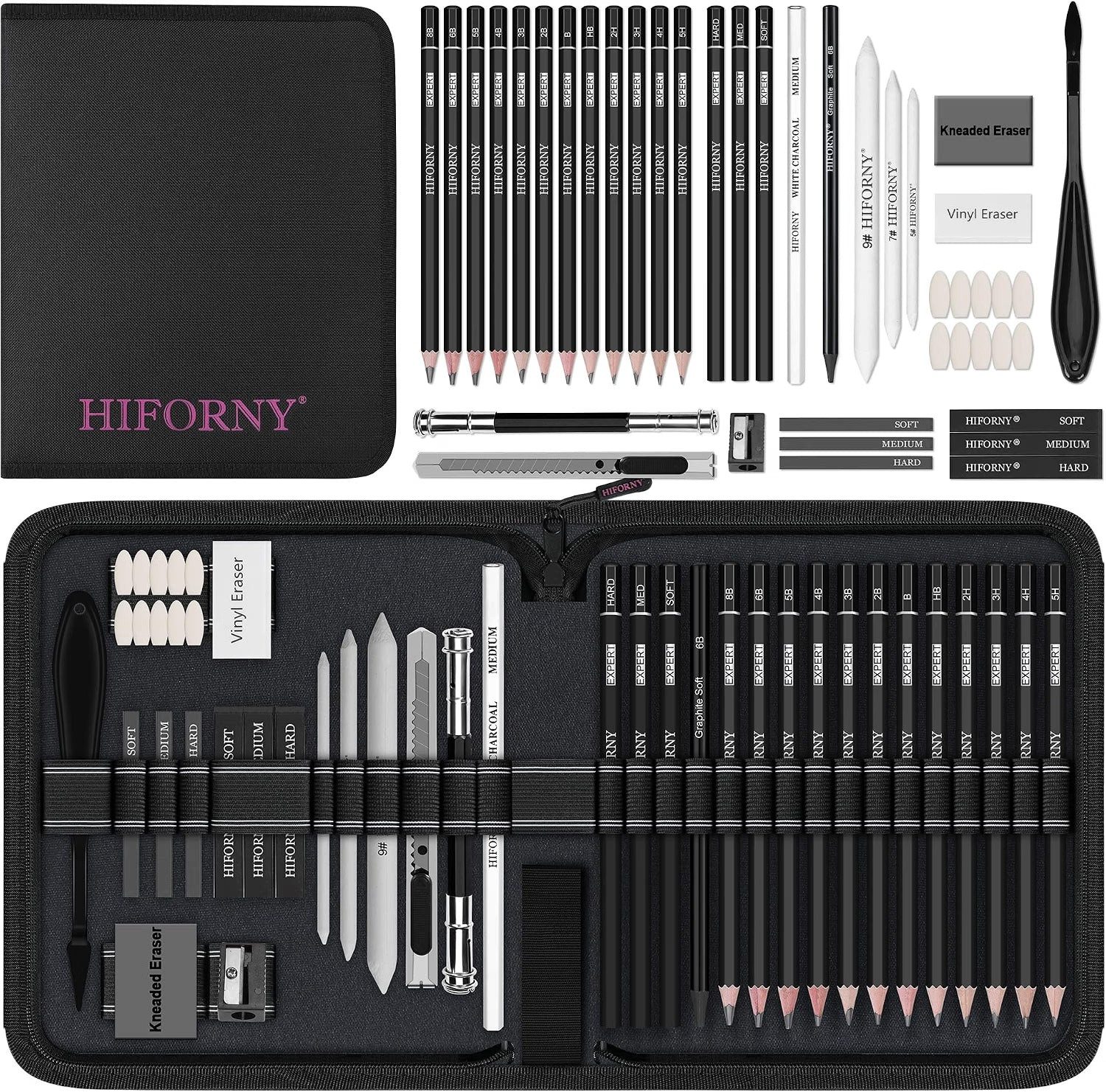 HIFORNY Künstlerstift 42-teiliges Skizzierset für Anfänger und Künstler mit Canvas-Tasche, (Skizzierset, 42-tlg., mit Canvas-Tasche), 12 Graphitstifte 5H–8B, 4 Kohlestifte, Mischstäbe, Radierer, Spitzer