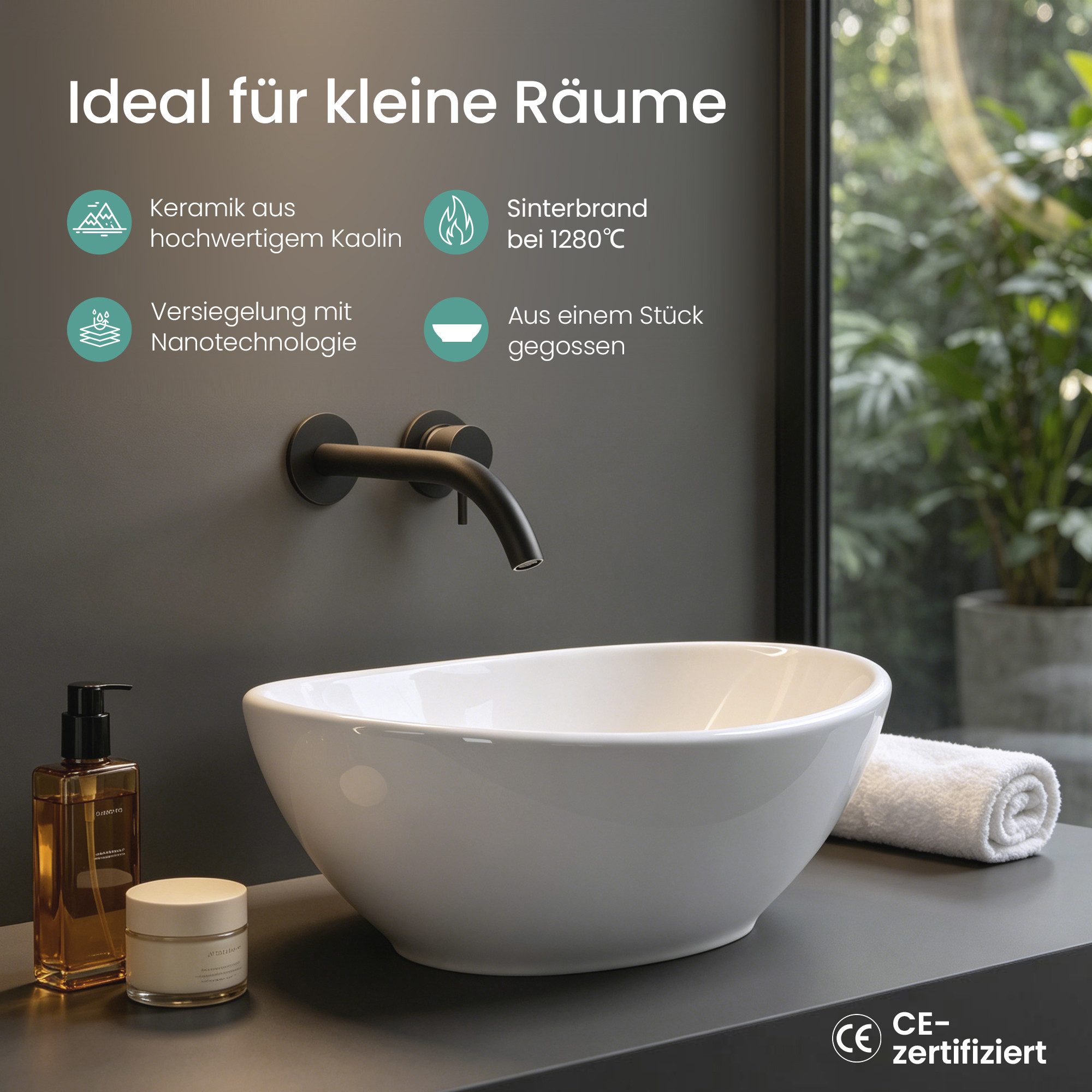 Mai & Mai Aufsatzwaschbecken Waschbecken Waschschale aus Keramik mit Nano-Versiegelung Oval Br205, pflegeleichte Oberfläche, hochwertige Keramik, ovale Form