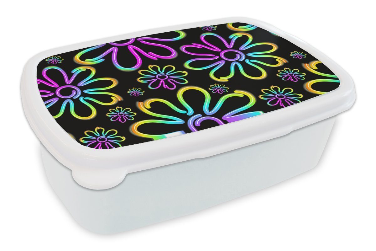 MuchoWow Lunchbox Blumen - Neon - Muster - Psychedelisch, Kunststoff, (2-tlg), Brotbox für Kinder und Erwachsene, Brotdose, für Jungs und Mädchen weiß