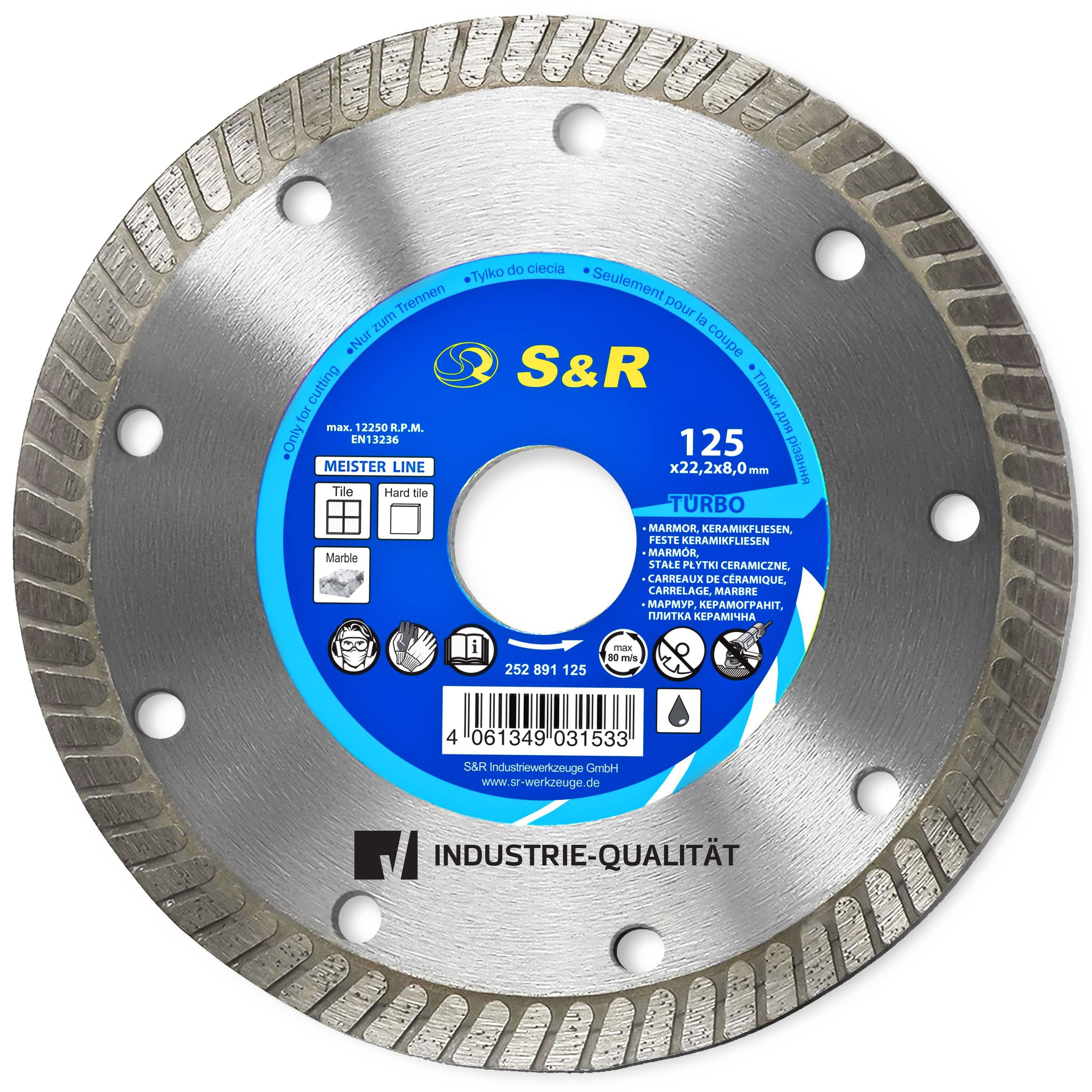 S&R Diamanttrennscheibe 125 x 1,6 (5,5) x 22,2 in Profi-Qualität, ‎125mm,  Bohrung 22,2mm, Drehzahl max. 12200 U/min, Schnittbreite 1,6mm