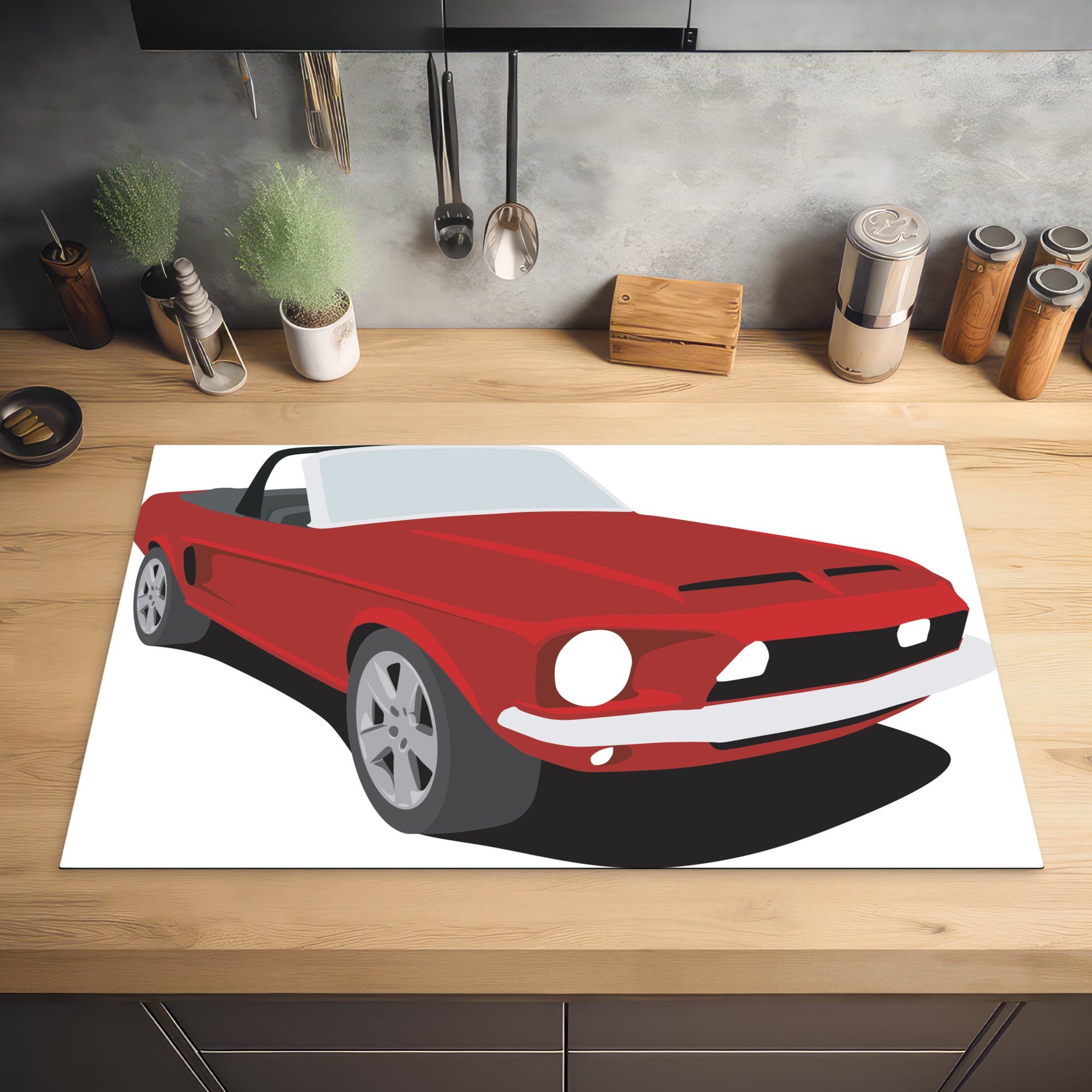 MuchoWow Herdblende-/Abdeckplatte Illustration eines roten tlg), Vinyl, mit Dach, Arbeitsplatte Ceranfeldabdeckung, (1 offenem Mustang für küche 83x51 cm