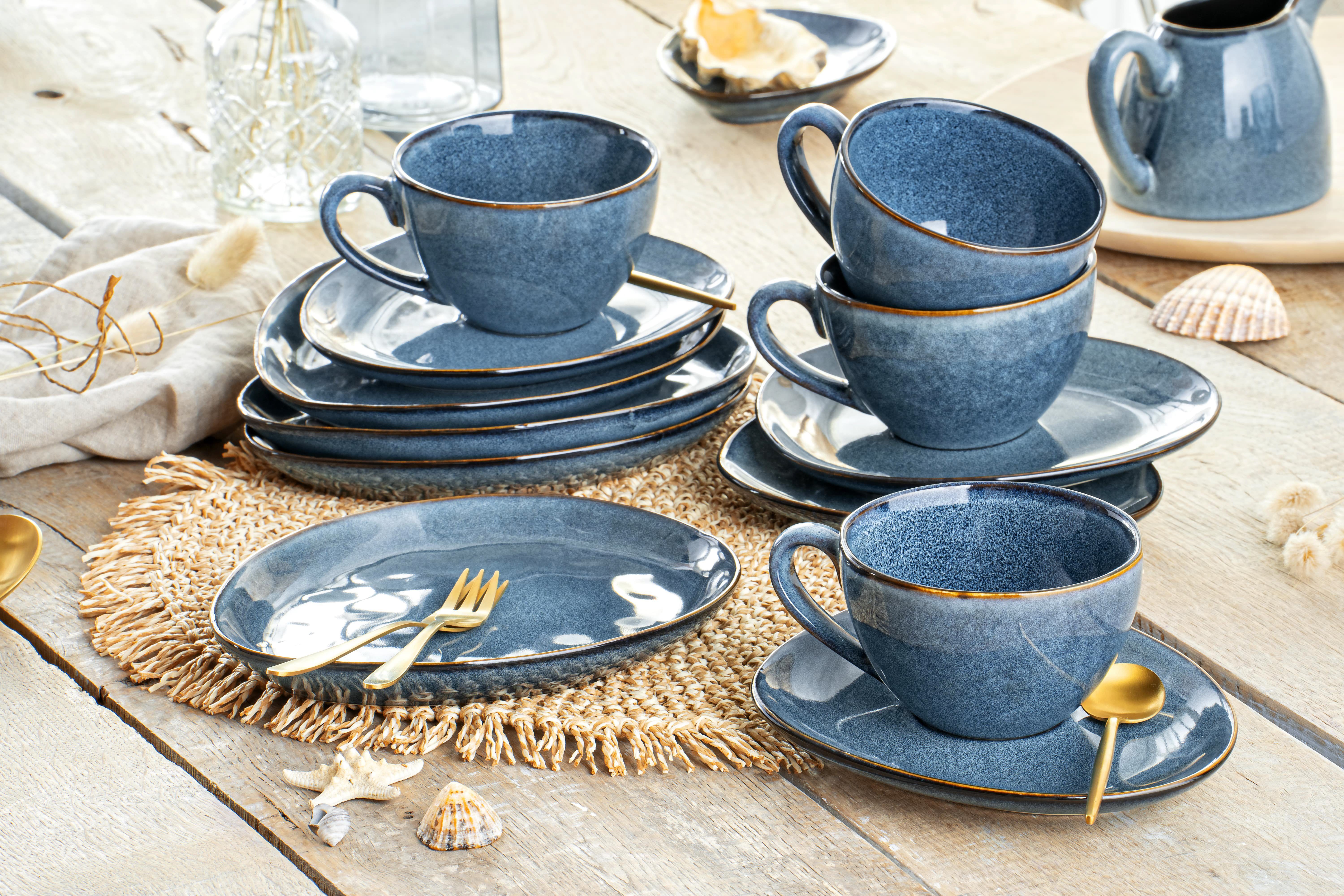 SÄNGER Kaffeeservice Darwin Kaffeetassen Set (12-tlg), 4 Personen, Steingut, Handmade, 300 ml, Blau, Premium Collection