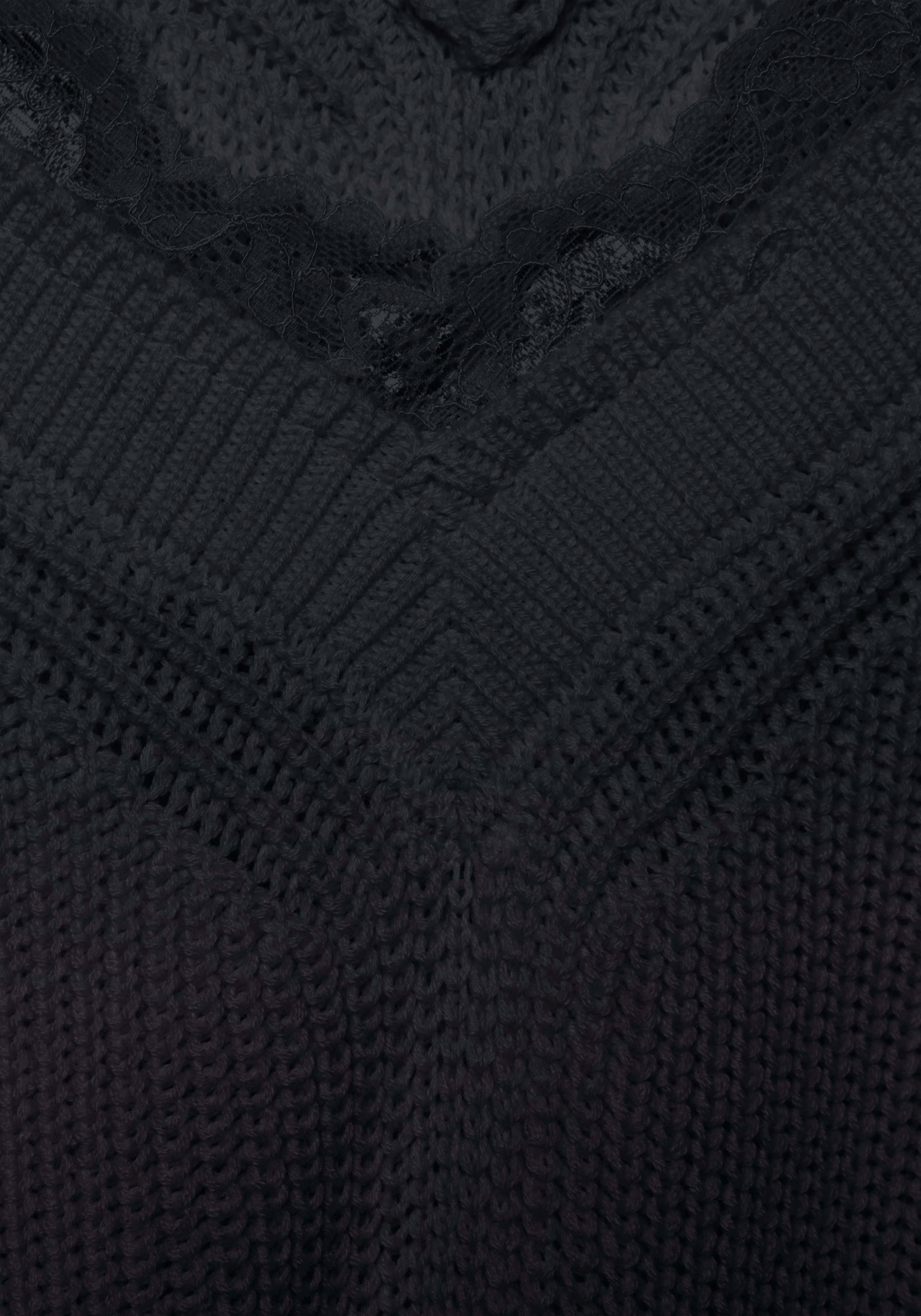 V-Ausschnitt, Spitzenbesatz, Damenpullover, schwarz mit elegant LASCANA Strickpullover