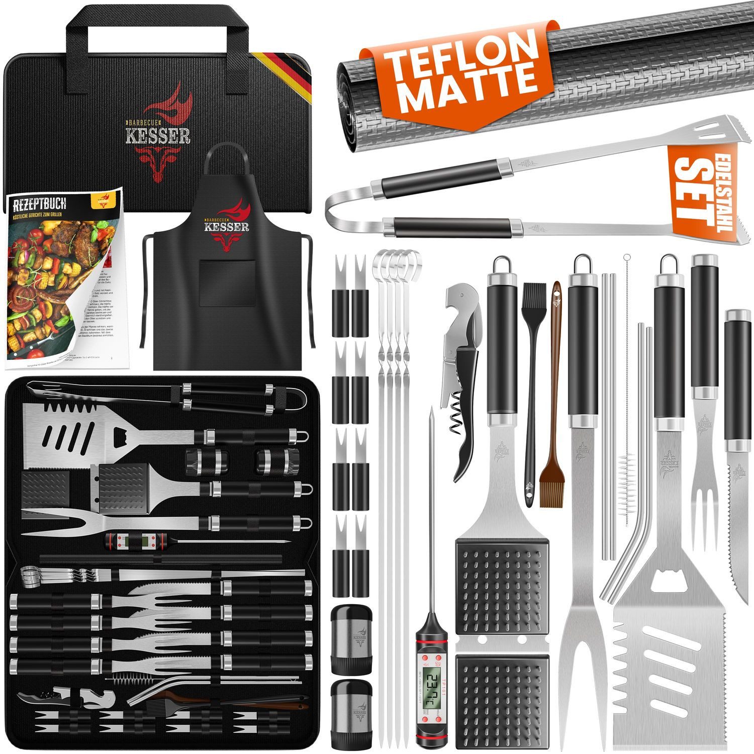 KESSER Столовые приборы для барбекю-Set, (Grillzubehör Set mit Grillzange, Grillwender, 4in1 Grillspatel, Grillgabel, Grill-Spieß, Thermometer, Korkenzieher, Grillmatte & Tasche, 37 tlg), BBQ Profi Grillset aus rostfreiem Edelstahl mit Tasche & Thermometer