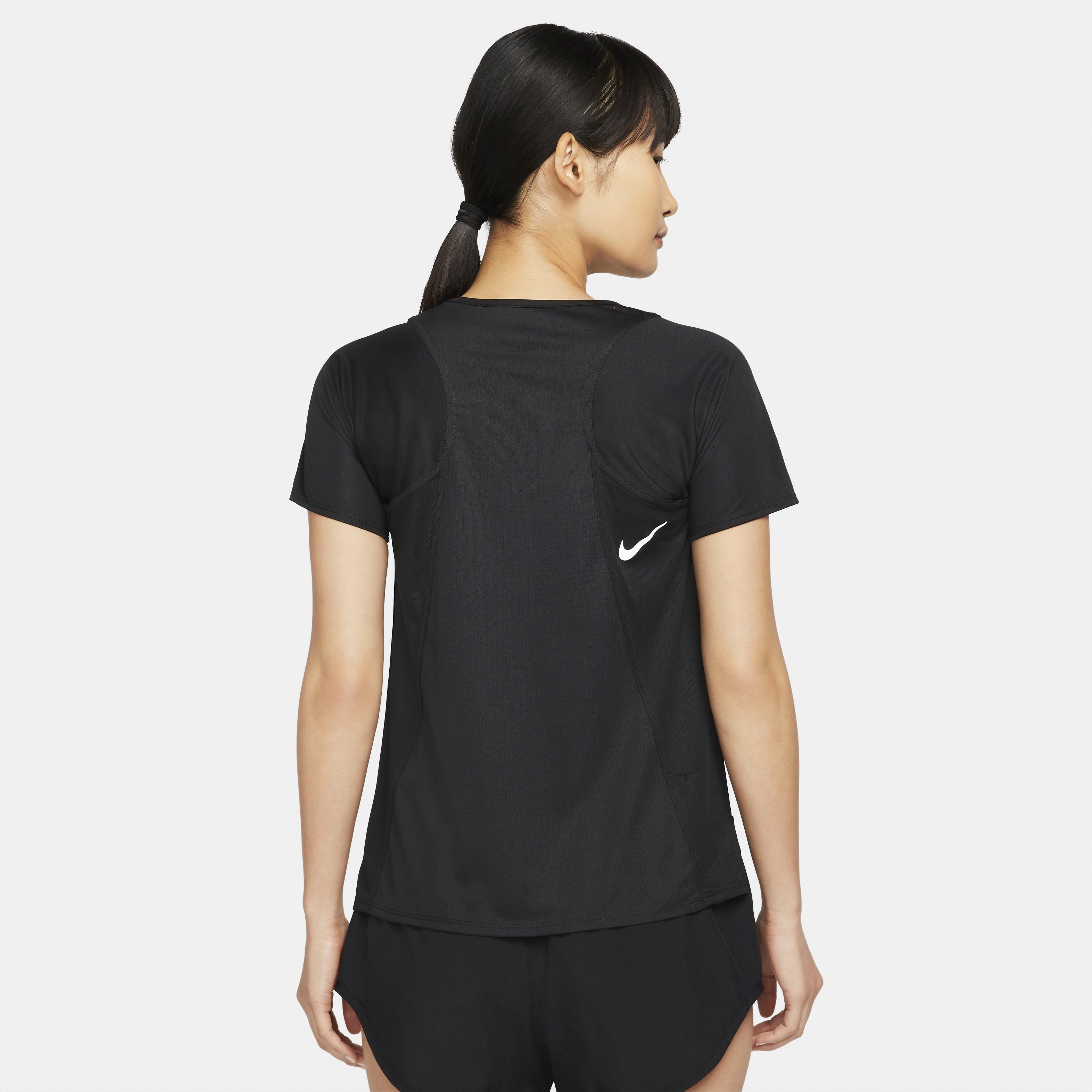 SHORT-SLEEVE BLACK/REFLECTIVE RUNNING TOP Nike WOMEN'S RACE Laufshirt DRI-FIT SILV
