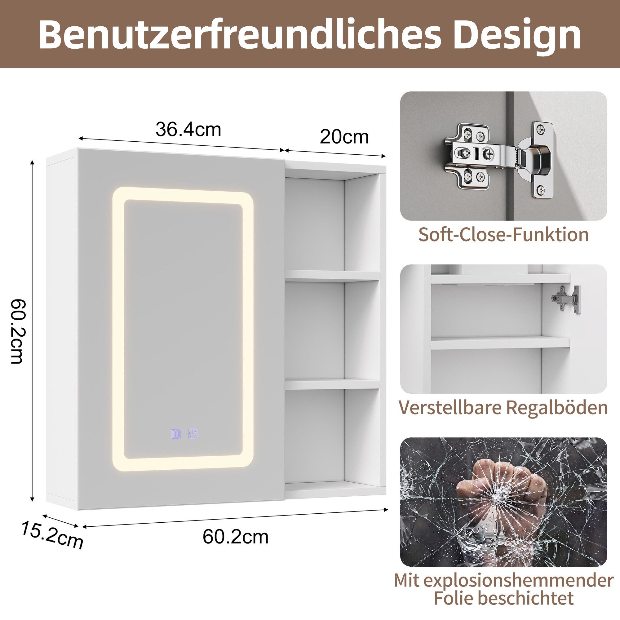 Simurq Badezimmerspiegelschrank Spiegelschrank Bad Mit LED-Beleuchtung & Anti-Beschlag,offene Regal (Badezimmerspiegelschrank Hängeschrank,Touchschalter, Beschl – Bild 2 von 5