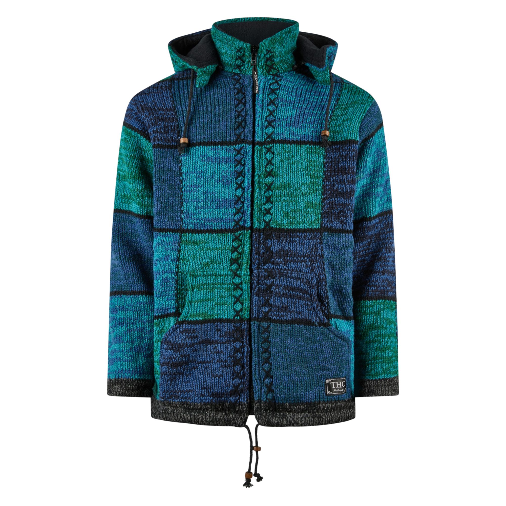 Strickjacke THC Schafwollstrickjacke blaue Quadrate 806