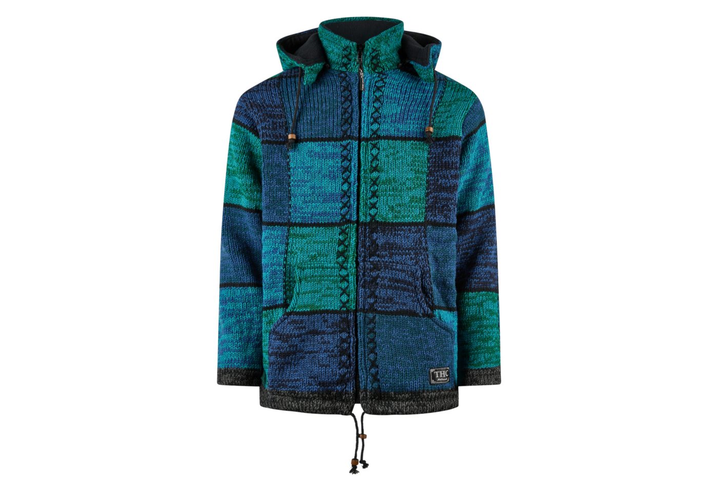 THC Natural Line Strickjacke THC Schafwollstrickjacke blaue Quadrate 806 (1 Stück, 1-tlg., 1 Stück) Strickjacke mit abnehmbarer Kapuze