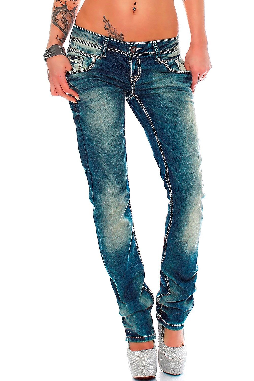 Cipo & Baxx Slim-fit-Jeans Damen Slim Fit Hose Stonewashed BA-WD153 Zweifarbige Ziernähte