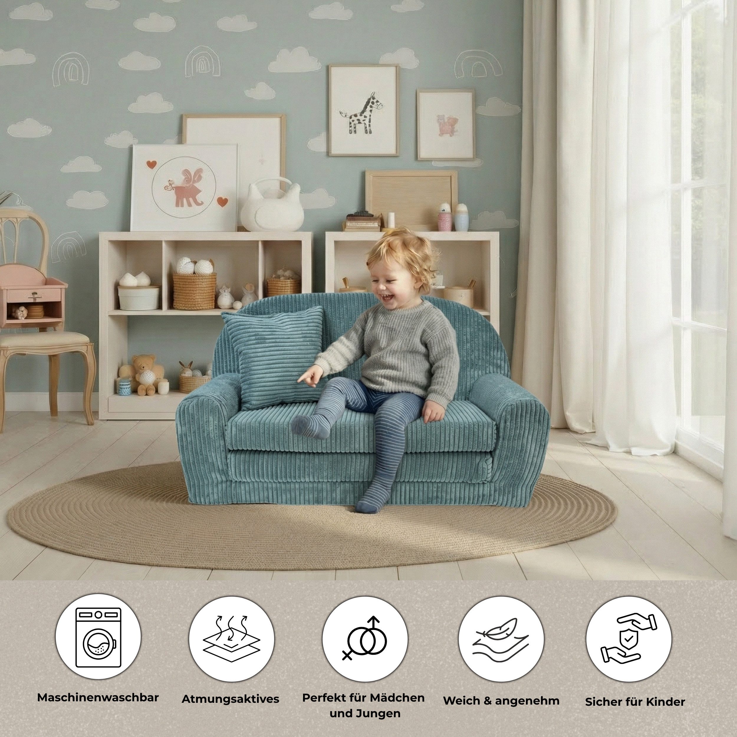 FORTISLINE Kindersofa Mini-Sofa Rosalia aus Cord – Komfort, Stil und Sicherheit für Ihr Kind, zusammenklappbar, waschbarer Bezug, keine Montage erforderlich – Bild 5 von 5